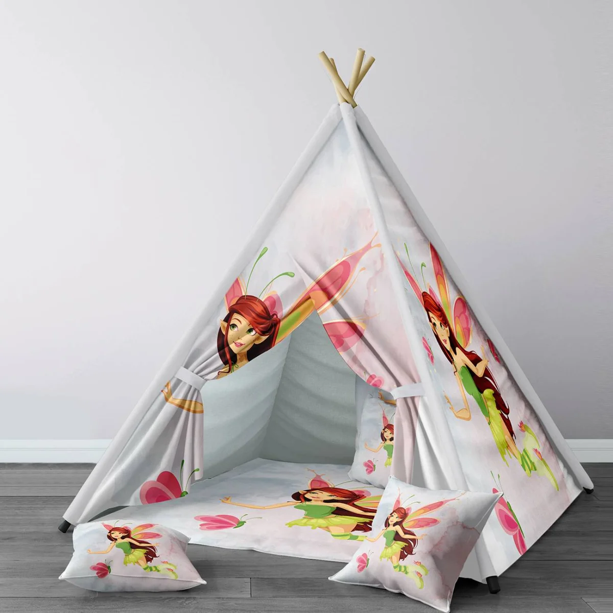 Peri Çadır Evi | Açık Gri Kelebekler, suluboya efektli Desenli