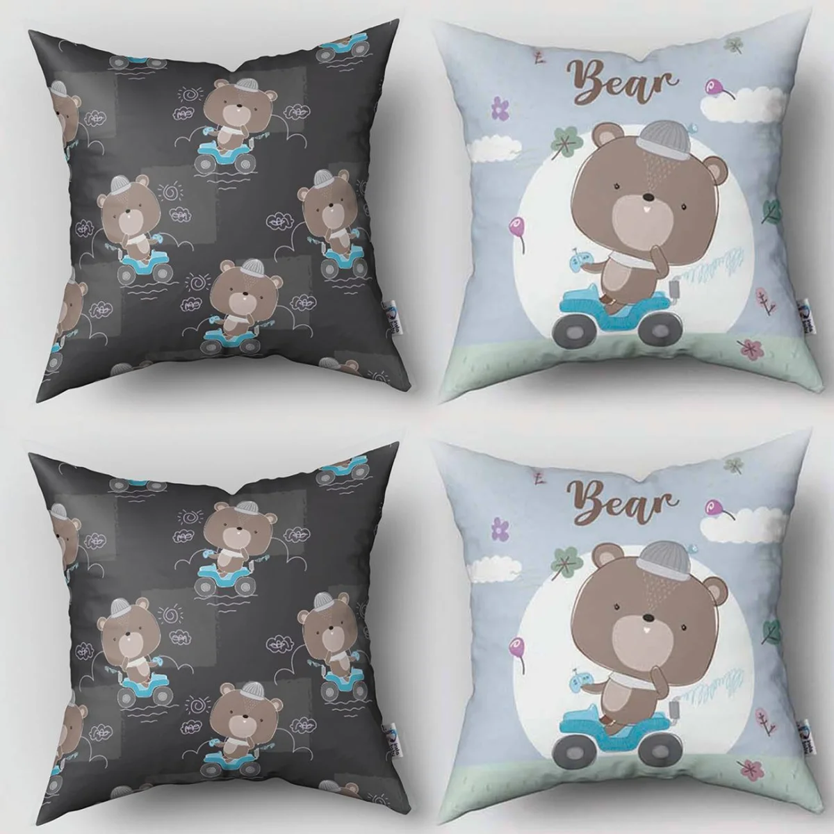 Araç süren ayıcık 4lü Kırlent | Mavi bulutlar, çimen Desenli