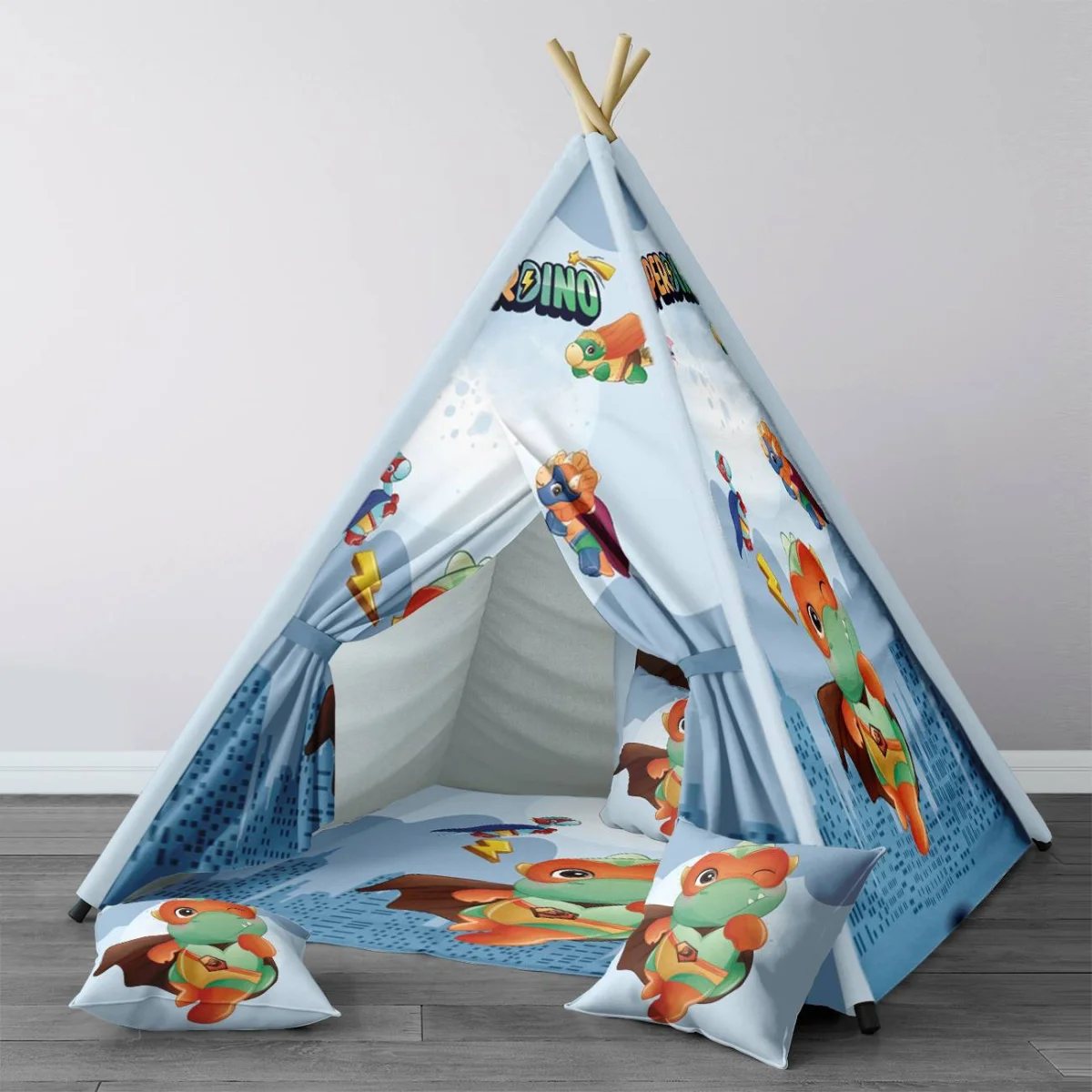 Süper Kahraman Dinozorlar Çadır Evi | Mavi şehir silüetleri, ay Desenli