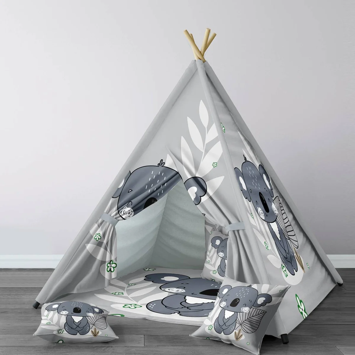 Koala Çadır Evi | Gri Yapraklar, küçük yeşil çiçekler Desenli