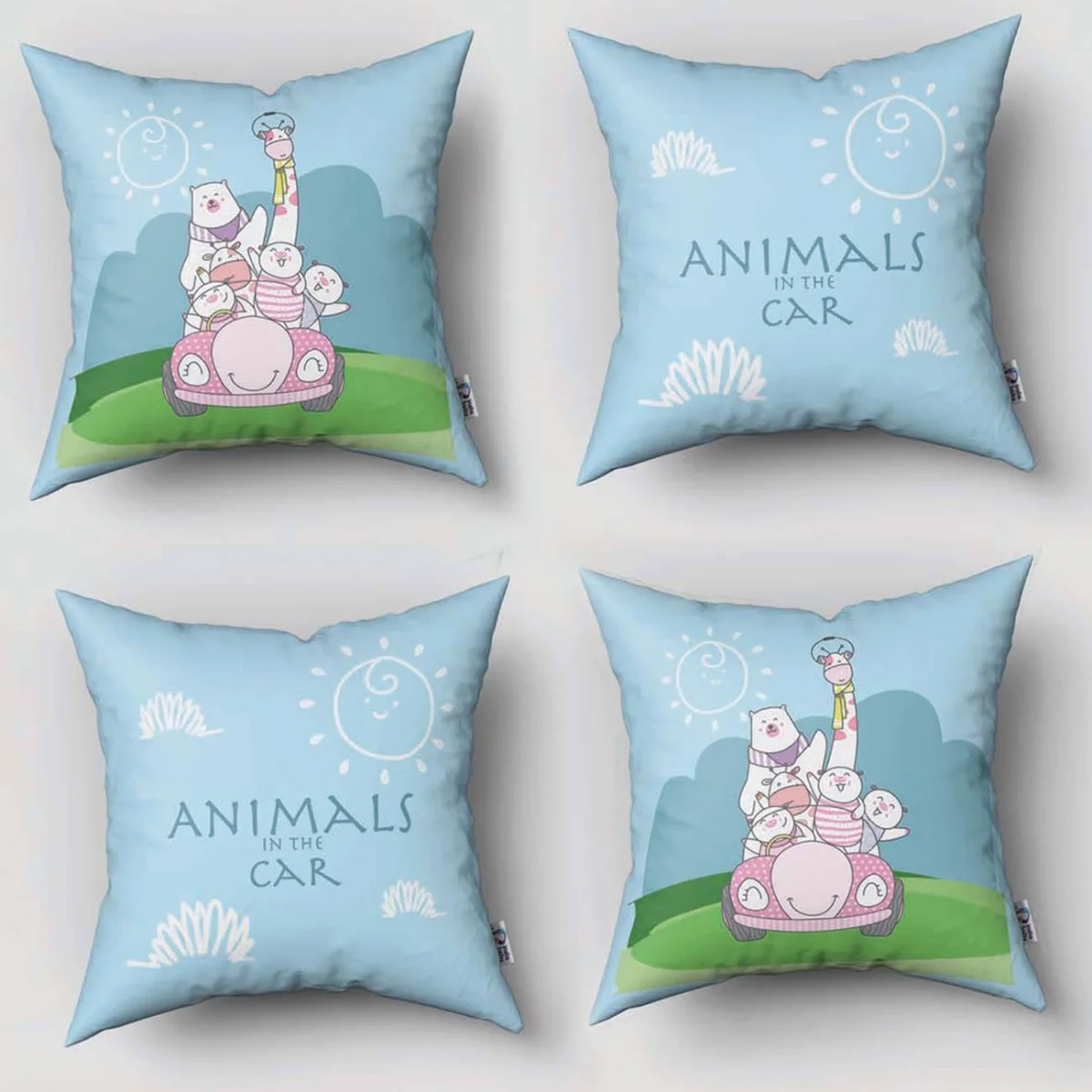 Orman Hayvanları 4lü Kırlent | Mavi bulut, güneş Desenli