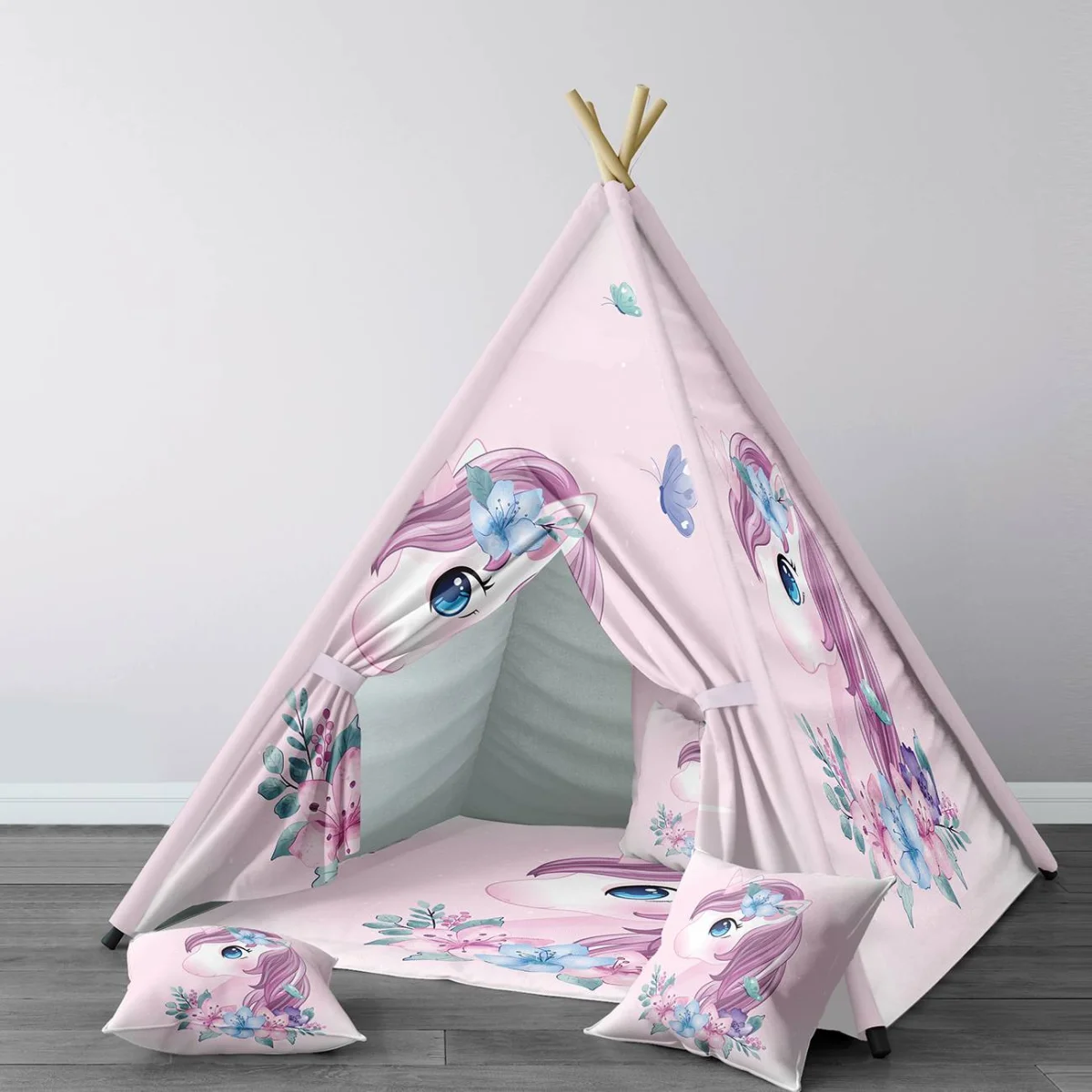 Unicorn Çadır Evi | Pembe çiçekler, kelebekler Desenli