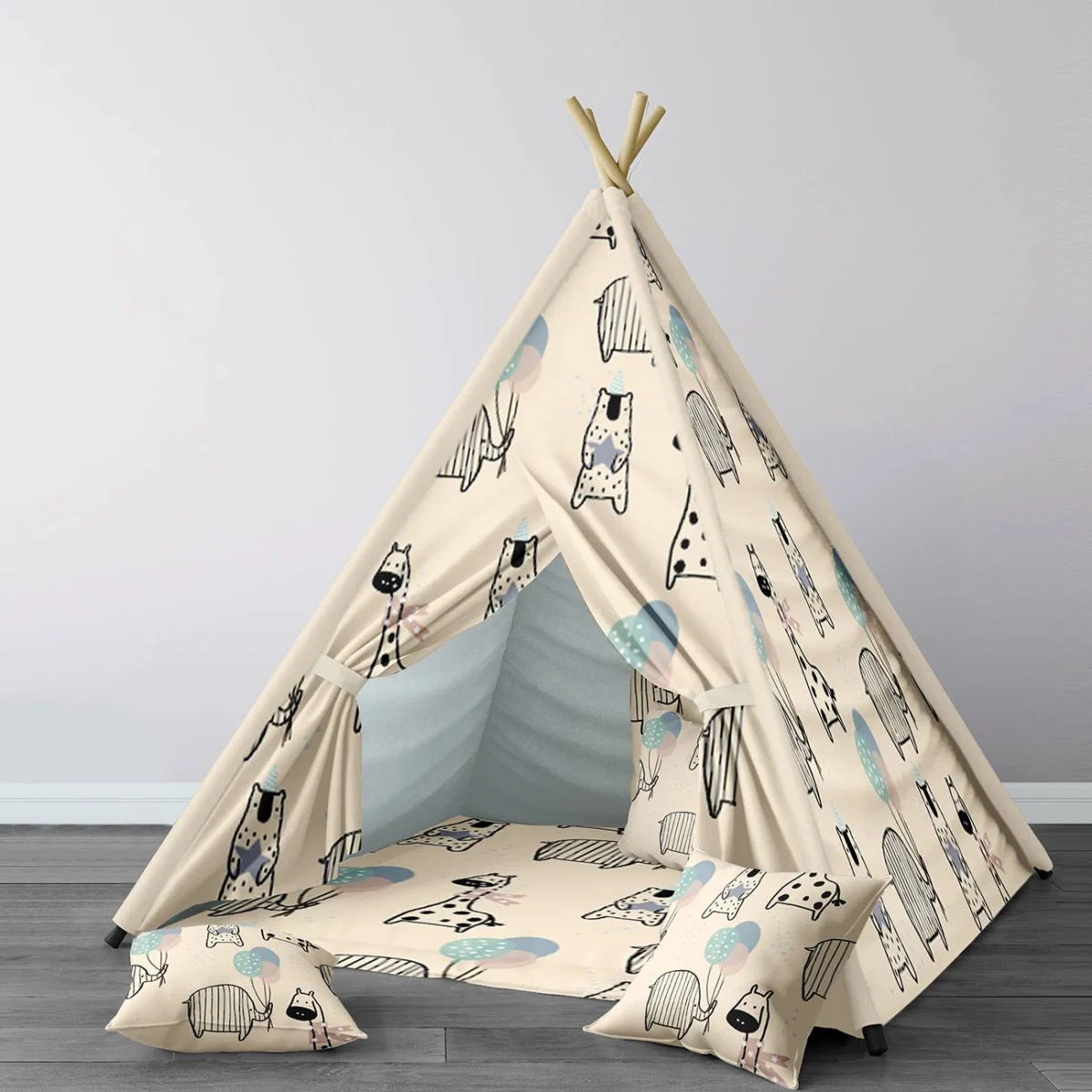 Orman Hayvanları Çadır Evi | Bej balonlar, parti şapkaları Desenli