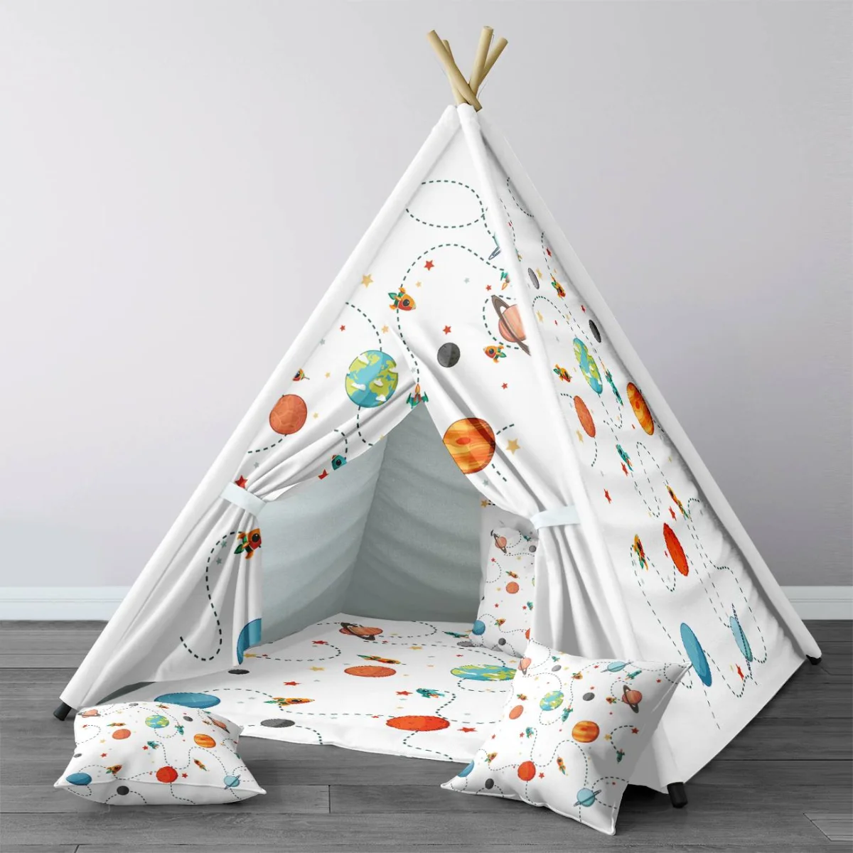 Uzay Çadır Evi | Beyaz roketler, gezegenler Desenli