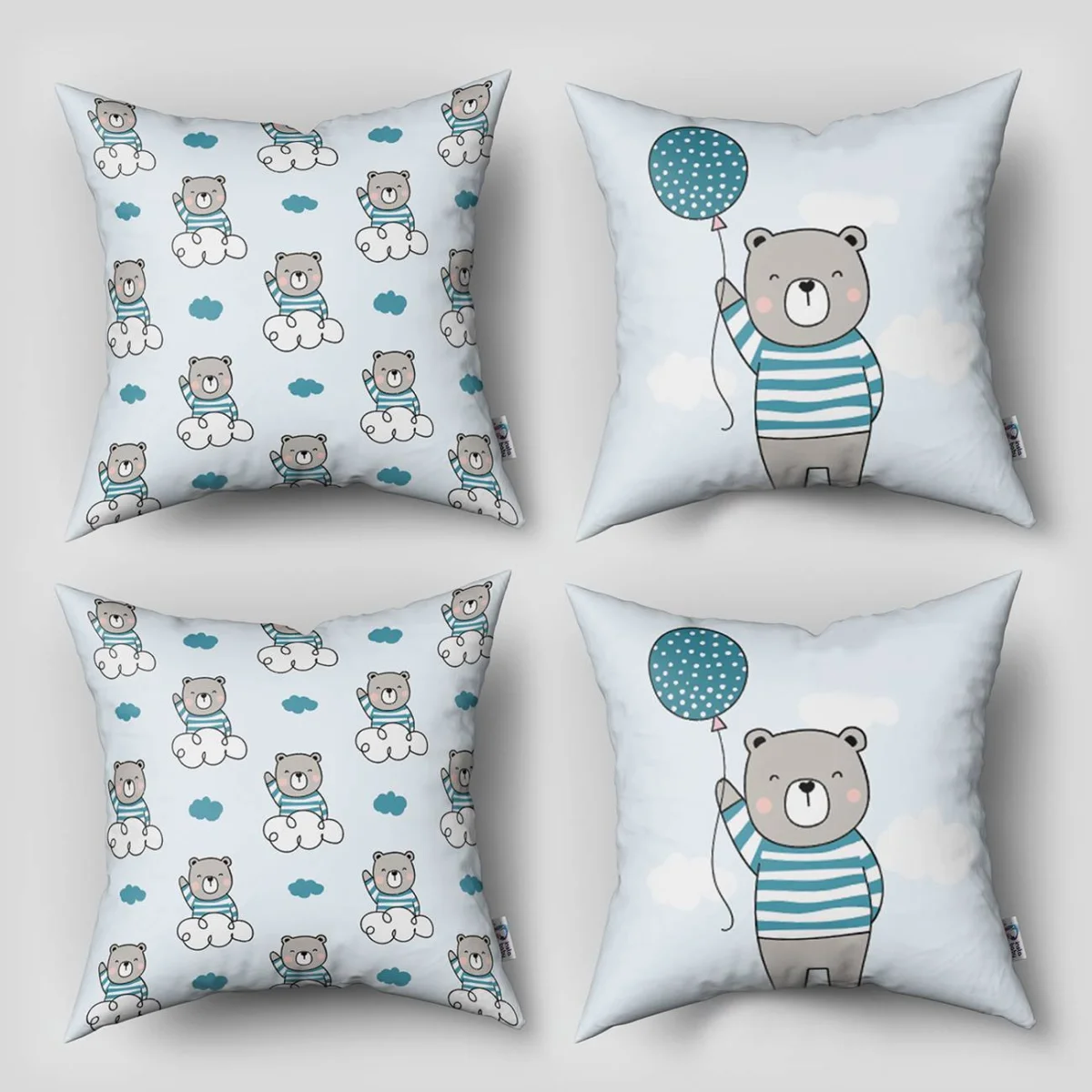 Ayıcık 4lü Kırlent | Mavi bulutlar, balon Desenli