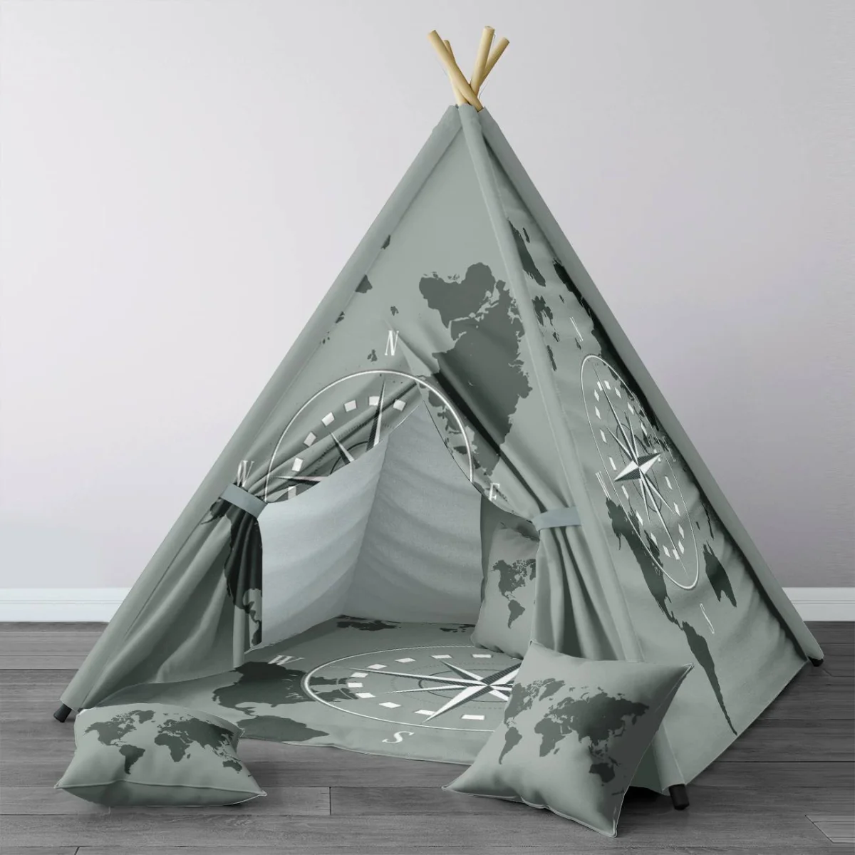 Dünya Haritası, Pusula Çadır Evi | Yeşil dünya haritası, pusula Desenli