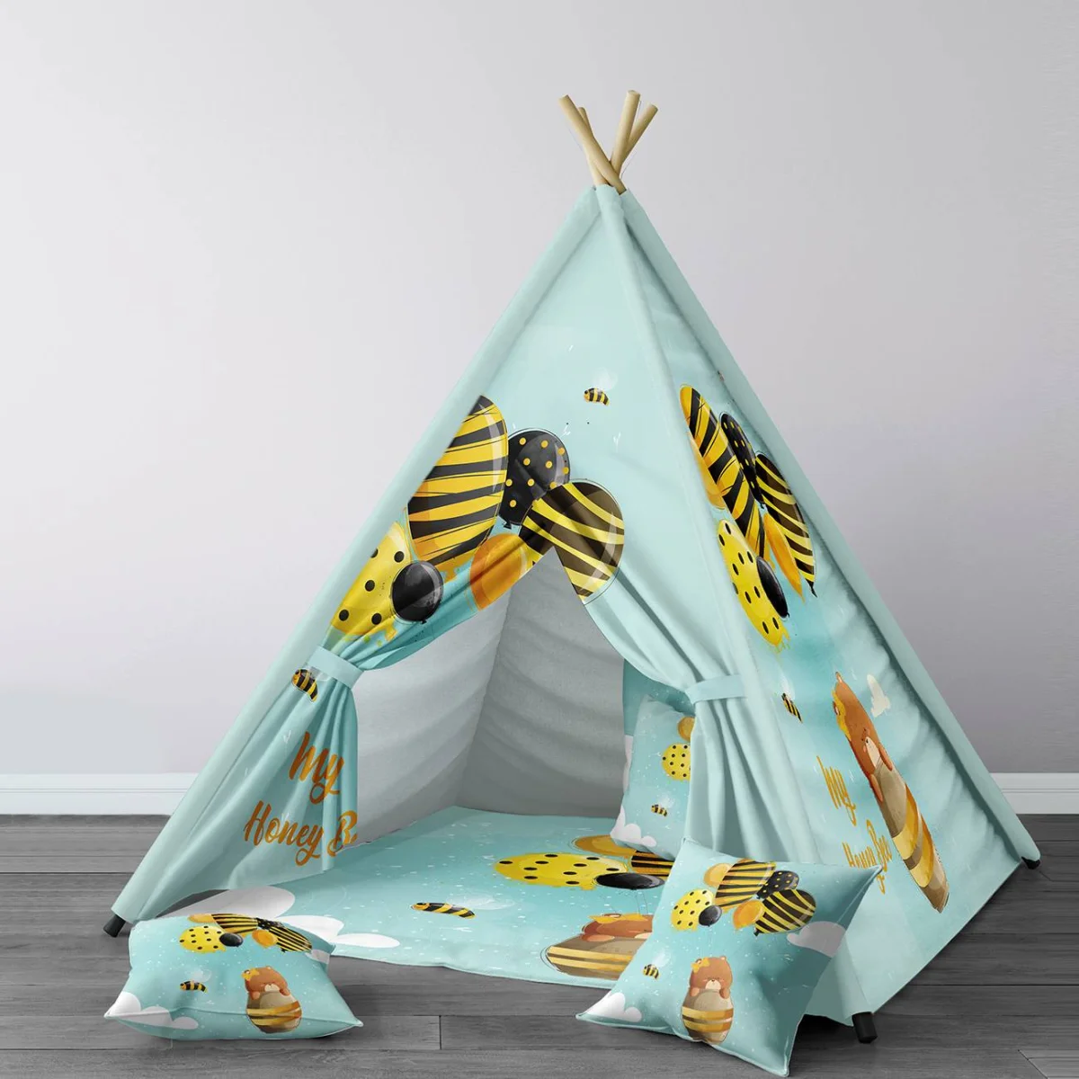 Bal Arısı ve Ayıcık Çadır Evi | Açık Mavi balon, bulut Desenli