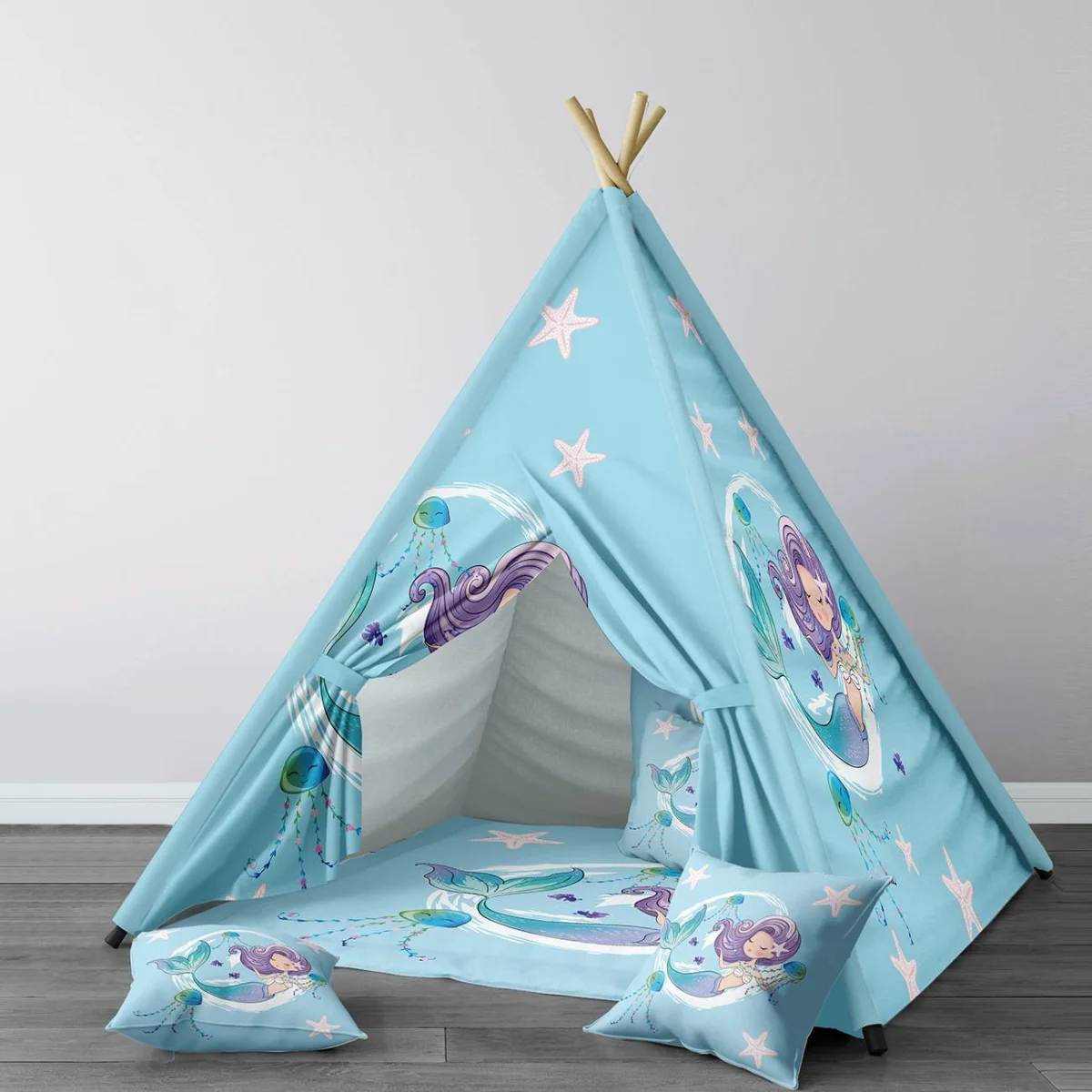 Deniz Kızı Çadır Evi | Açık Mavi Deniz yıldızı, deniz anası Desenli