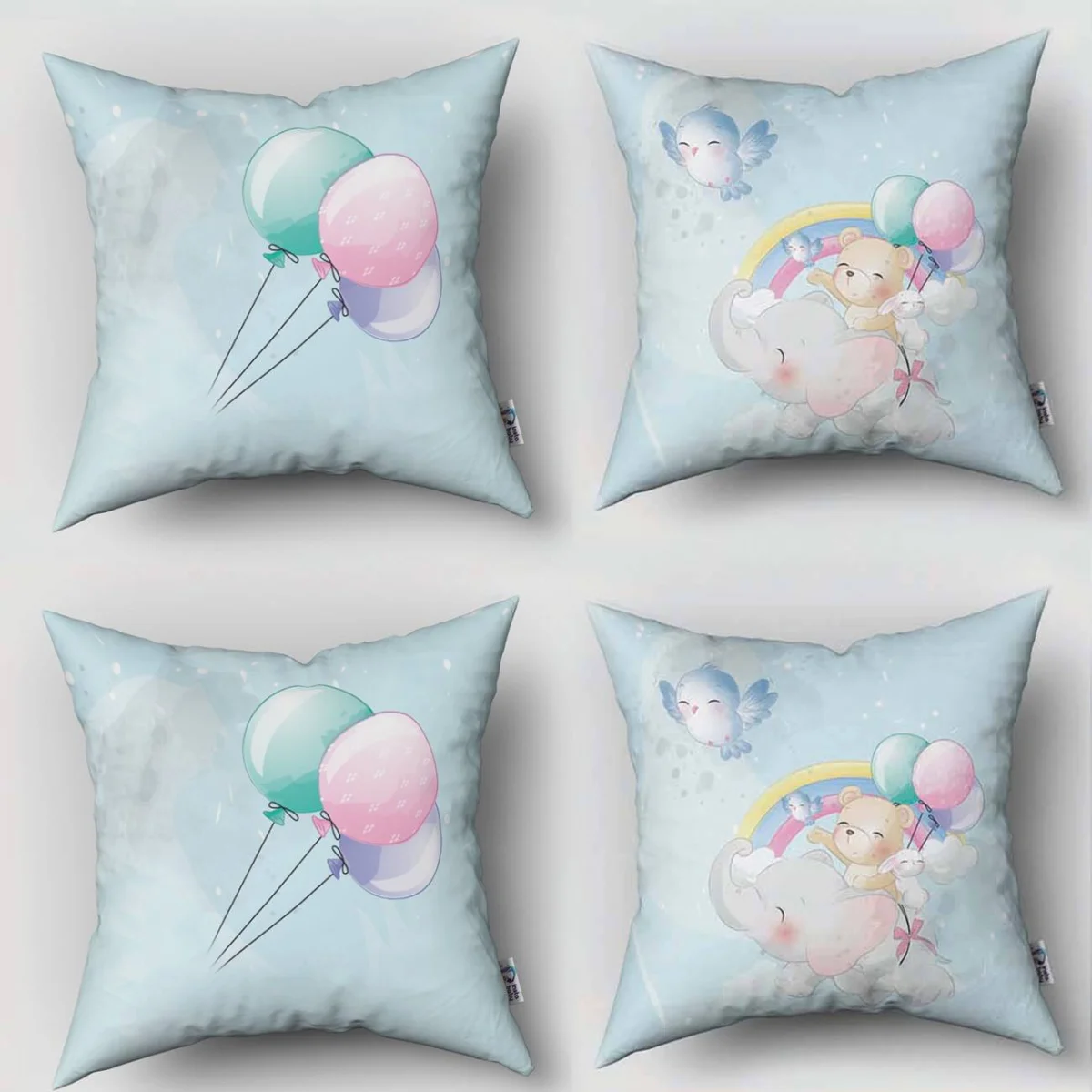 Sevimli Hayvanlar 4lü Kırlent | Mavi bulut, gökkuşağı Desenli