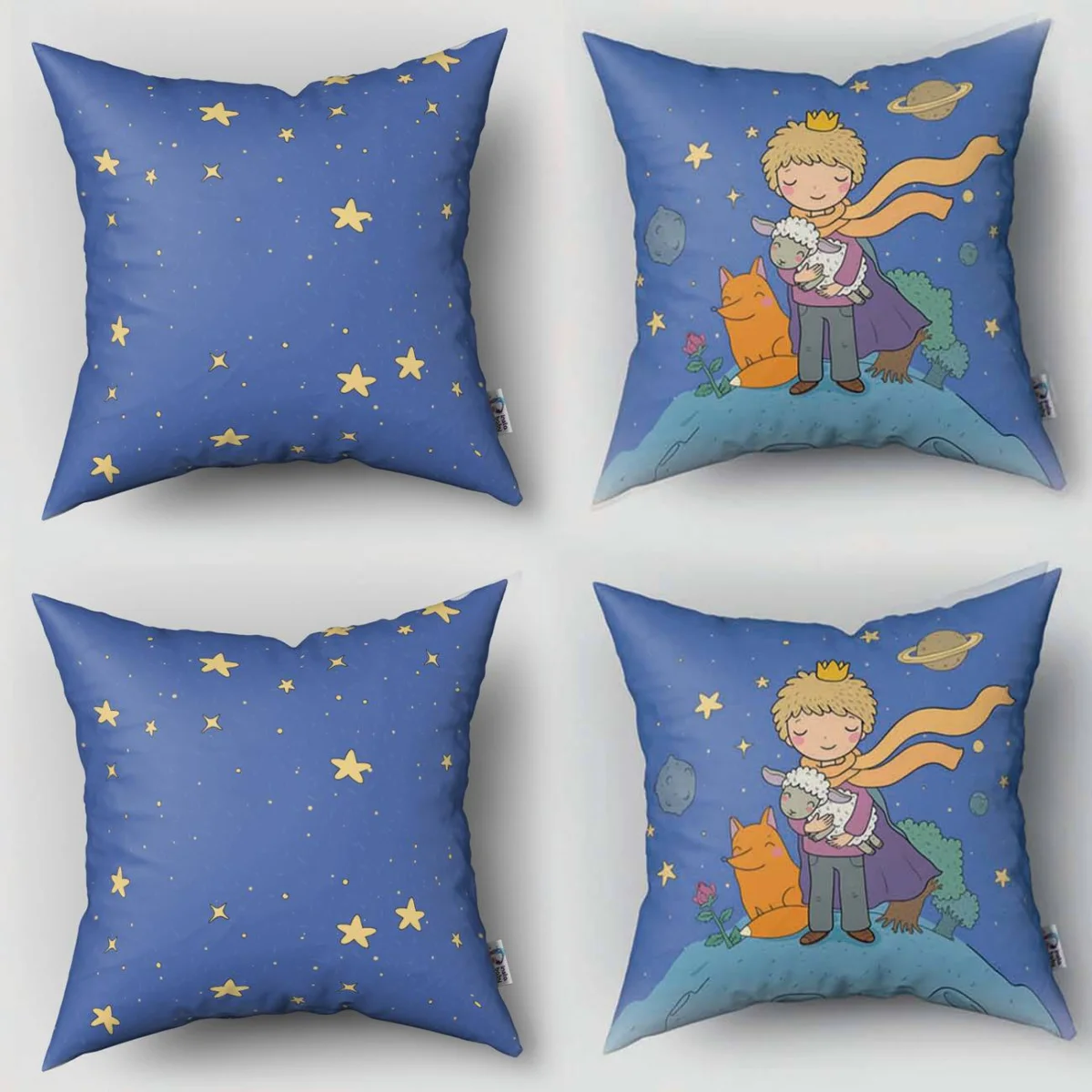 Küçük Prens, Uzay 4lü Kırlent | Mavi yıldız, gezegen Desenli