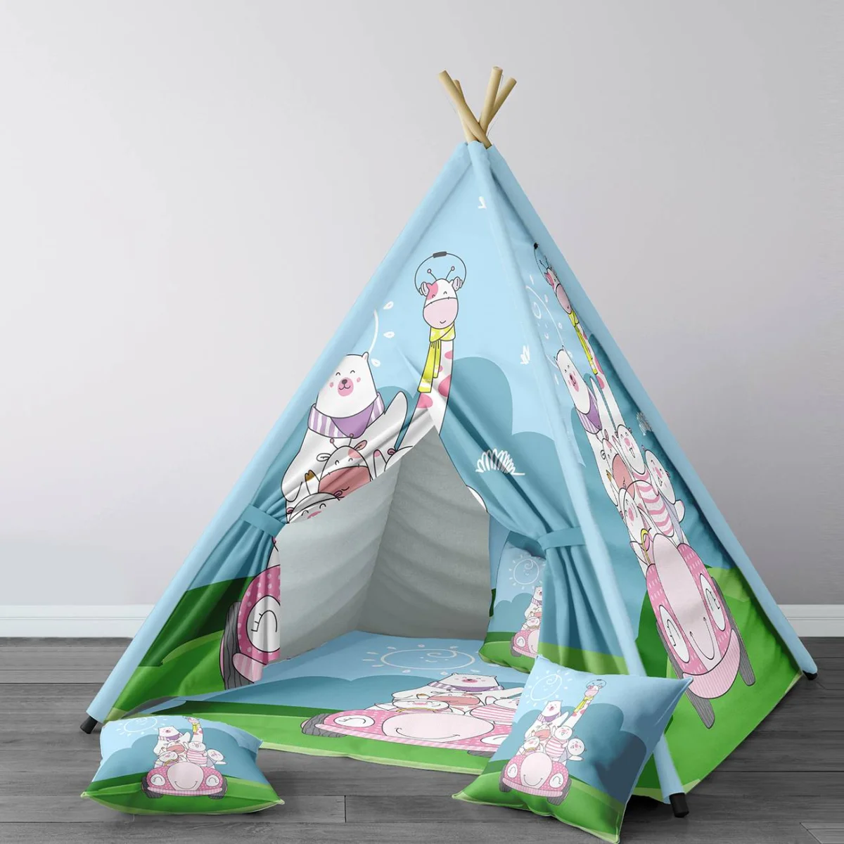 Orman Hayvanları Çadır Evi | Mavi bulut, güneş Desenli