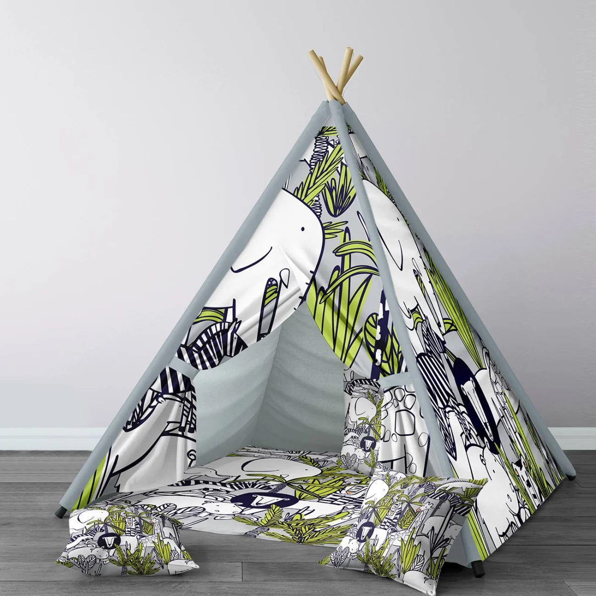 Orman Hayvanları Çadır Evi | Gri tropikal yapraklar, bitkiler Desenli