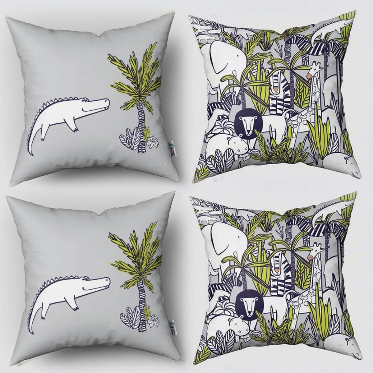 Orman Hayvanları 4lü Kırlent | Gri tropikal yapraklar, bitkiler Desenli