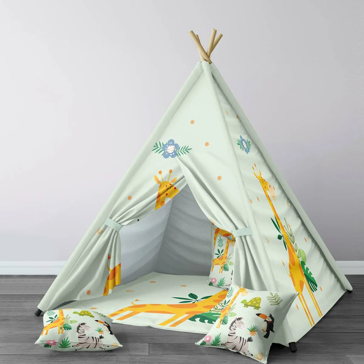 Zürafa, Orman Hayvanları Çadır Evi | Açık Yeşil tropikal yapraklar, çiçekler Desenli