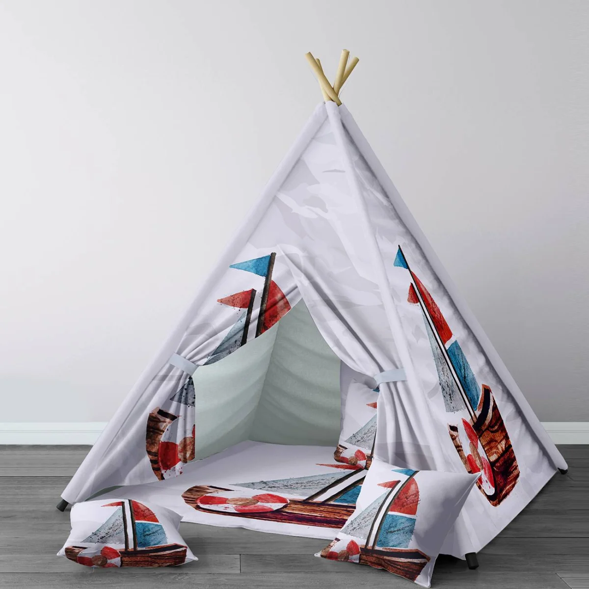 Yelkenli Tekne Çadır Evi | Beyaz cankurtaran simidi, kırmızı Desenli