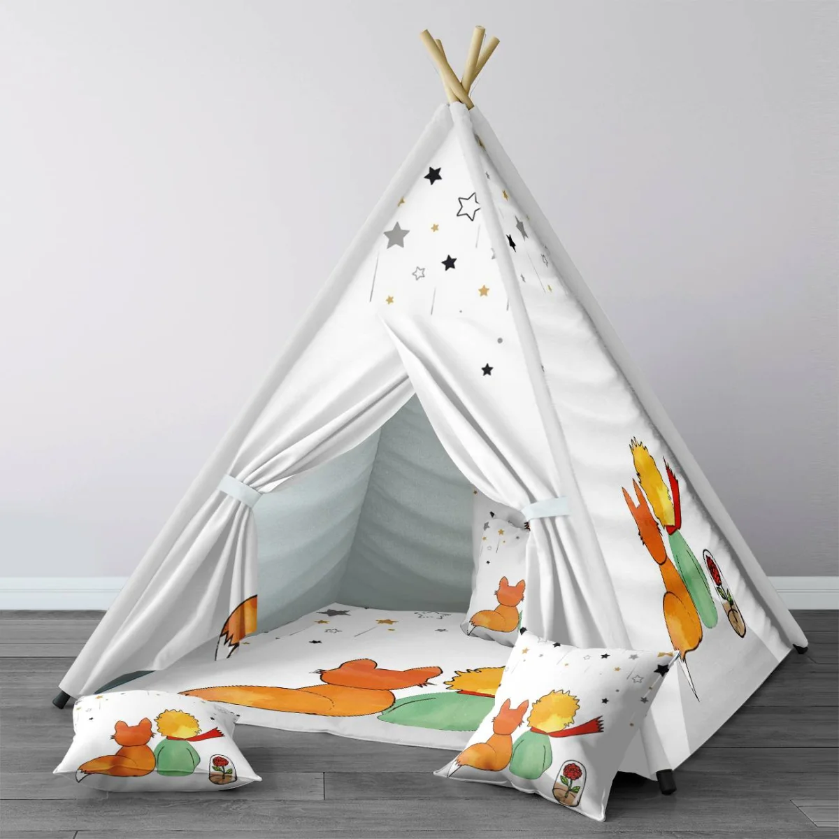 Küçük Prens, Tilki, Gül Çadır Evi | Beyaz yıldızlar, gri Desenli