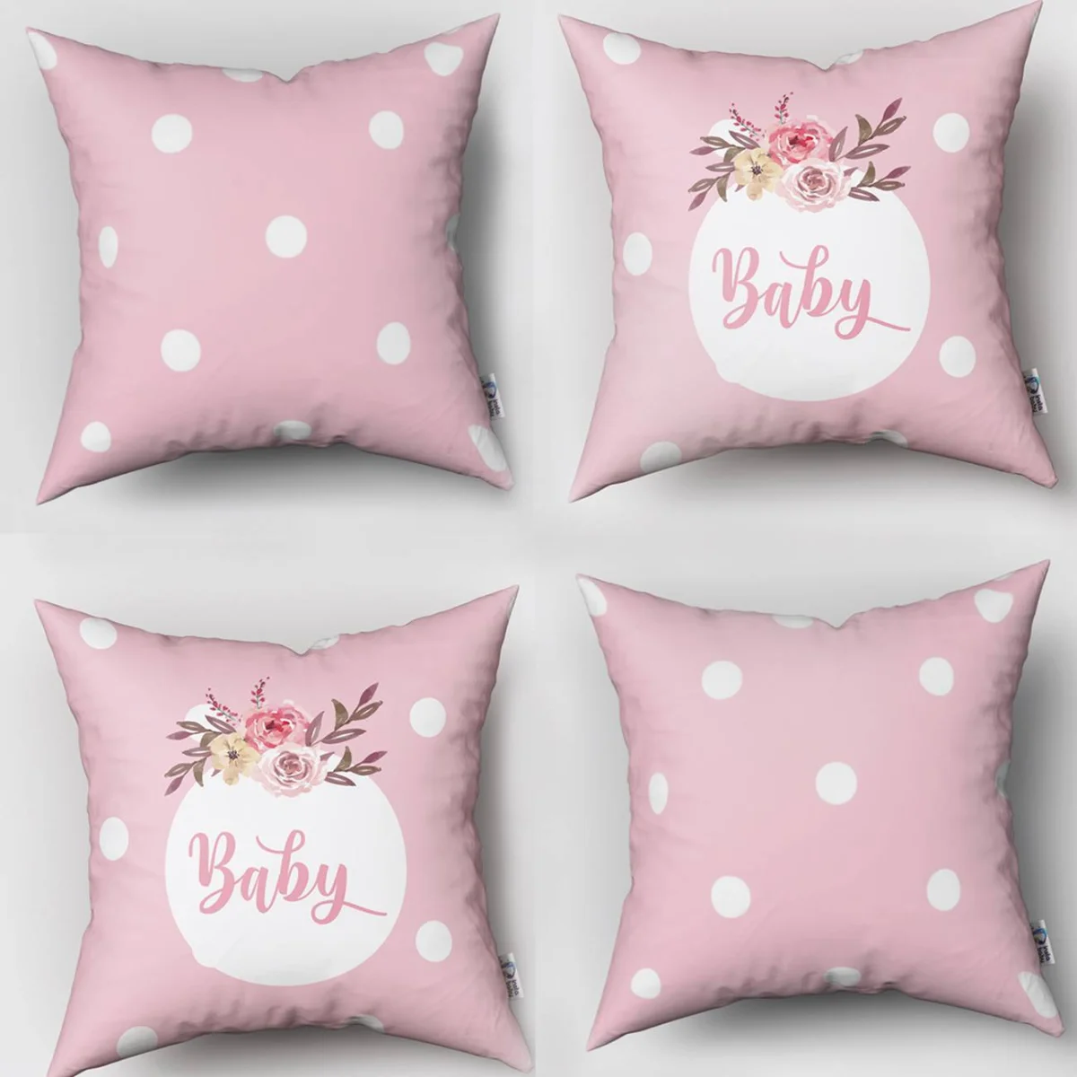 Çiçekli Baby 4lü Kırlent | Pembe beyaz puantiye, çiçekler Desenli