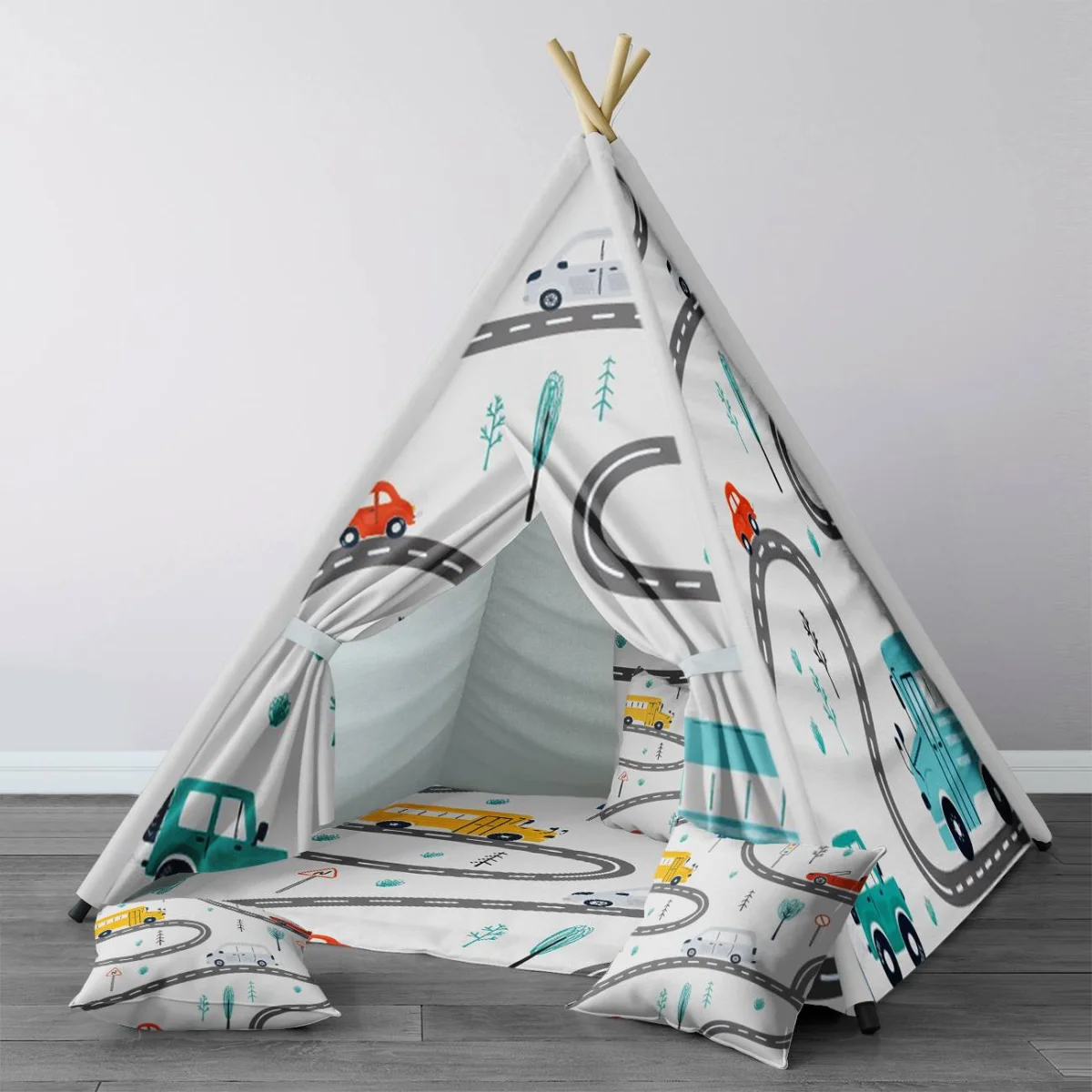 Araçlar Çadır Evi | Beyaz yollar, arabalar Desenli