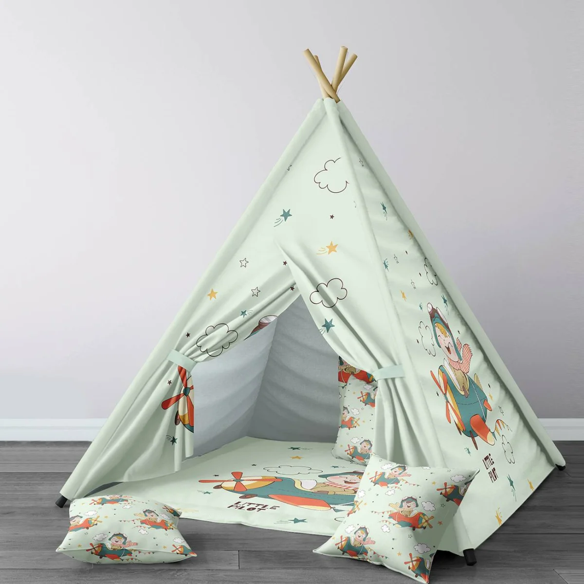 Küçük Pilot, Uçak Çadır Evi | Açık Yeşil yıldız, bulut Desenli