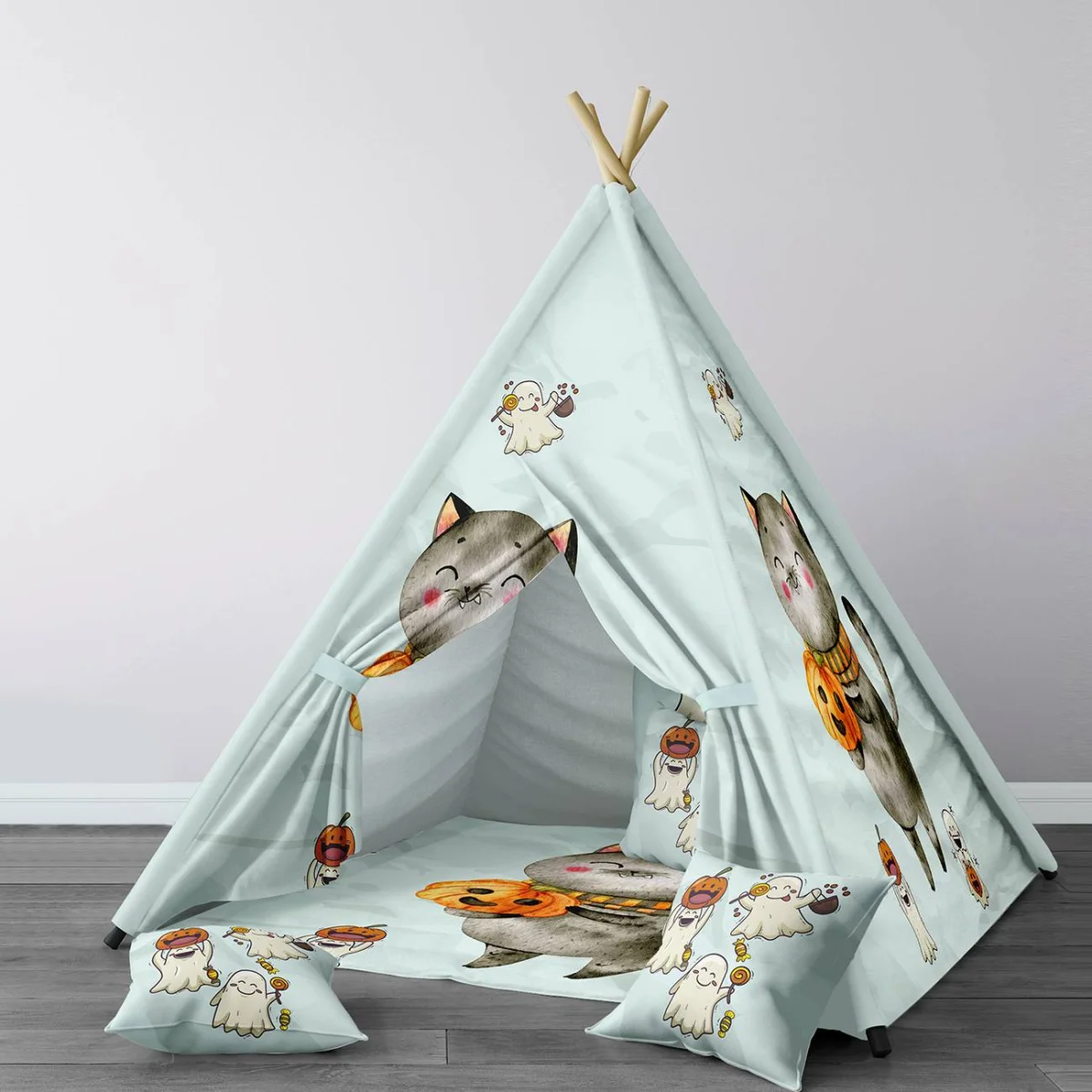Kedi ve Hayaletler Çadır Evi | Açık Mavi Kedi, hayaletler Desenli