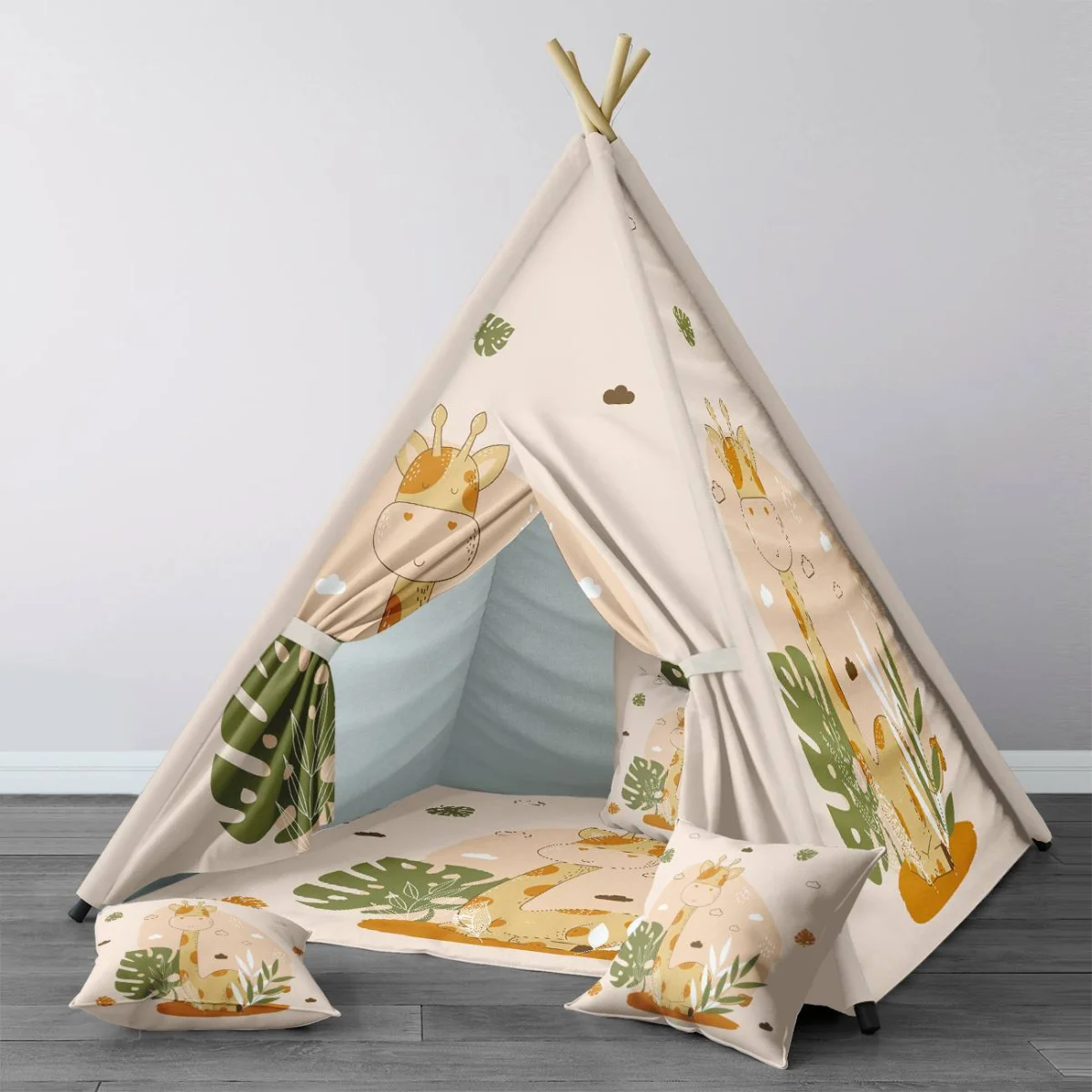 Orman Hayvanları Çadır Evi | Bej tropikal yapraklar, bulutlar ve sevimli noktalar Desenli