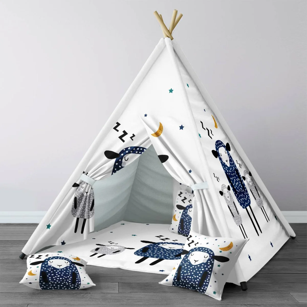 Koyunlar ve Uyku Teması Çadır Evi | Beyaz Uyuyan koyunlar, ay ve yıldızlar Desenli