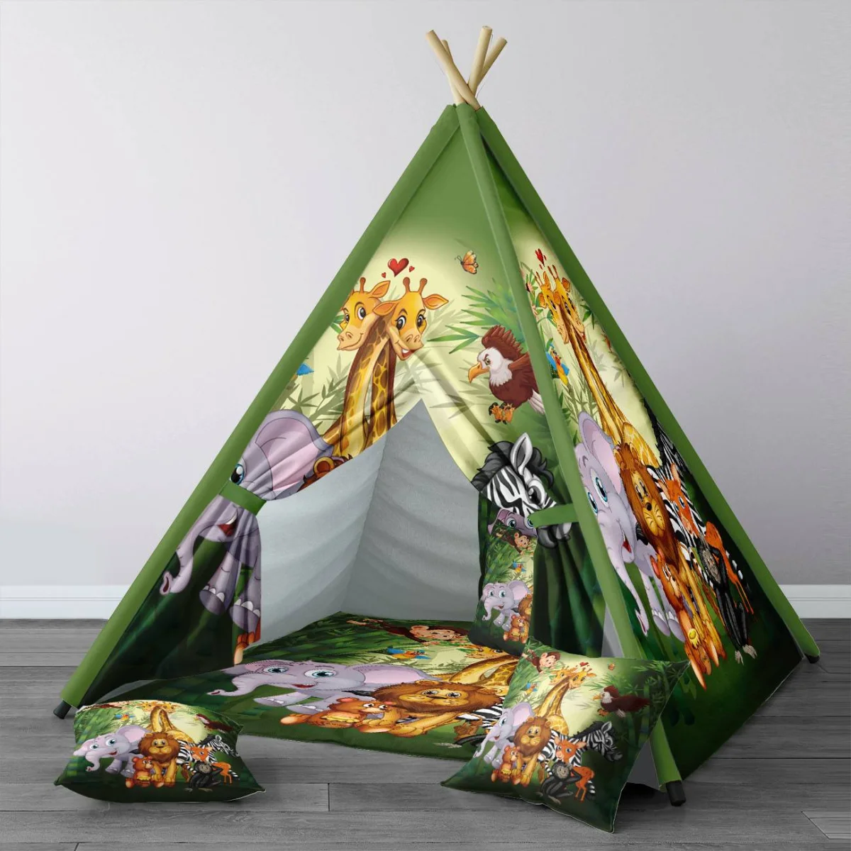 Orman Hayvanları Çadır Evi | Yeşil bambu ormanı, kalpler Desenli