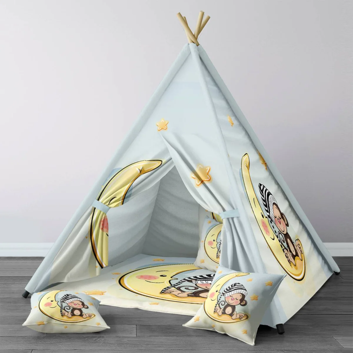 Ay ve Maymun Çadır Evi | Mavi yıldız, ay Desenli