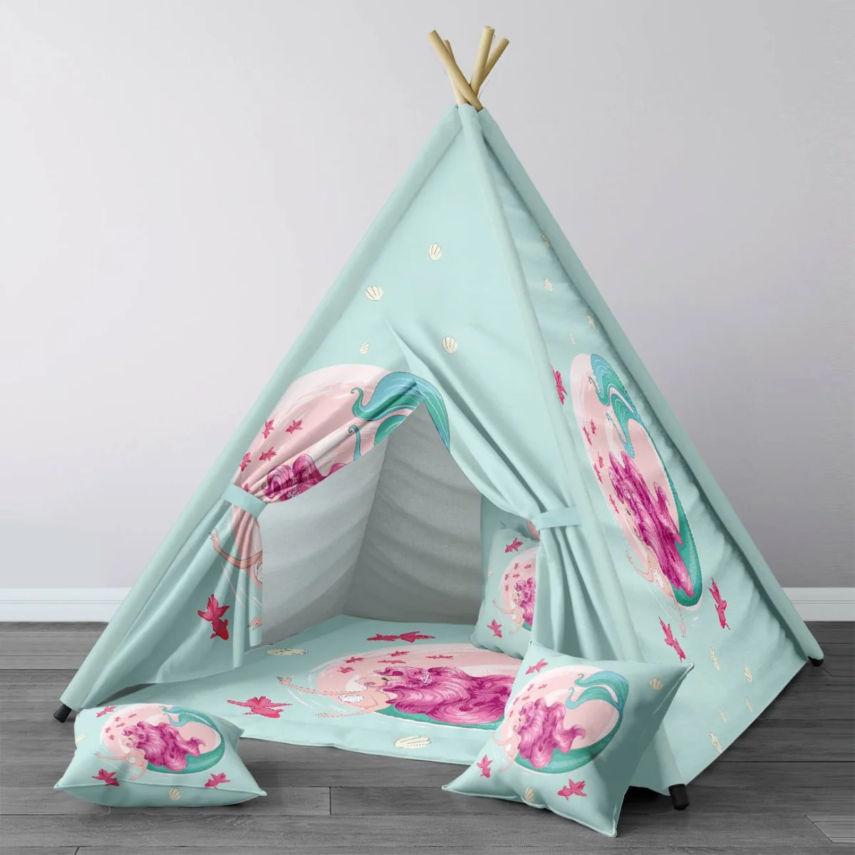 Deniz Kızı Çadır Evi | Mavi pembe balıklar, deniz kabukları Desenli