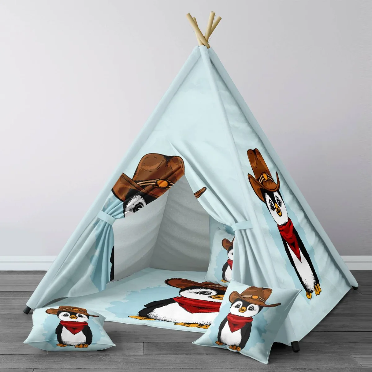 Kovboy Penguen Çadır Evi | Mavi Soyut su sıçramaları Desenli