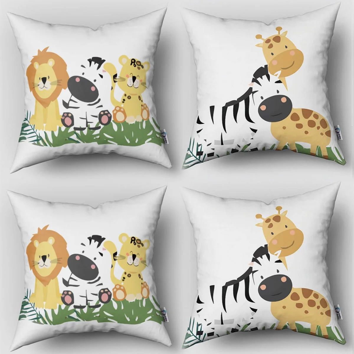 Orman Hayvanları 4lü Kırlent | Beyaz Yapraklar, üçgenler Desenli