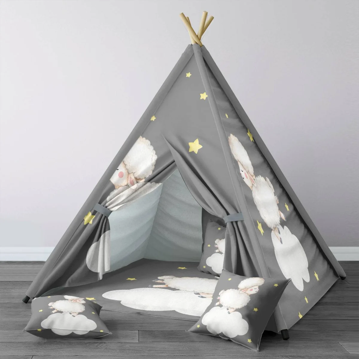 Kuzu Çadır Evi | Gri yıldızlar, bulut Desenli