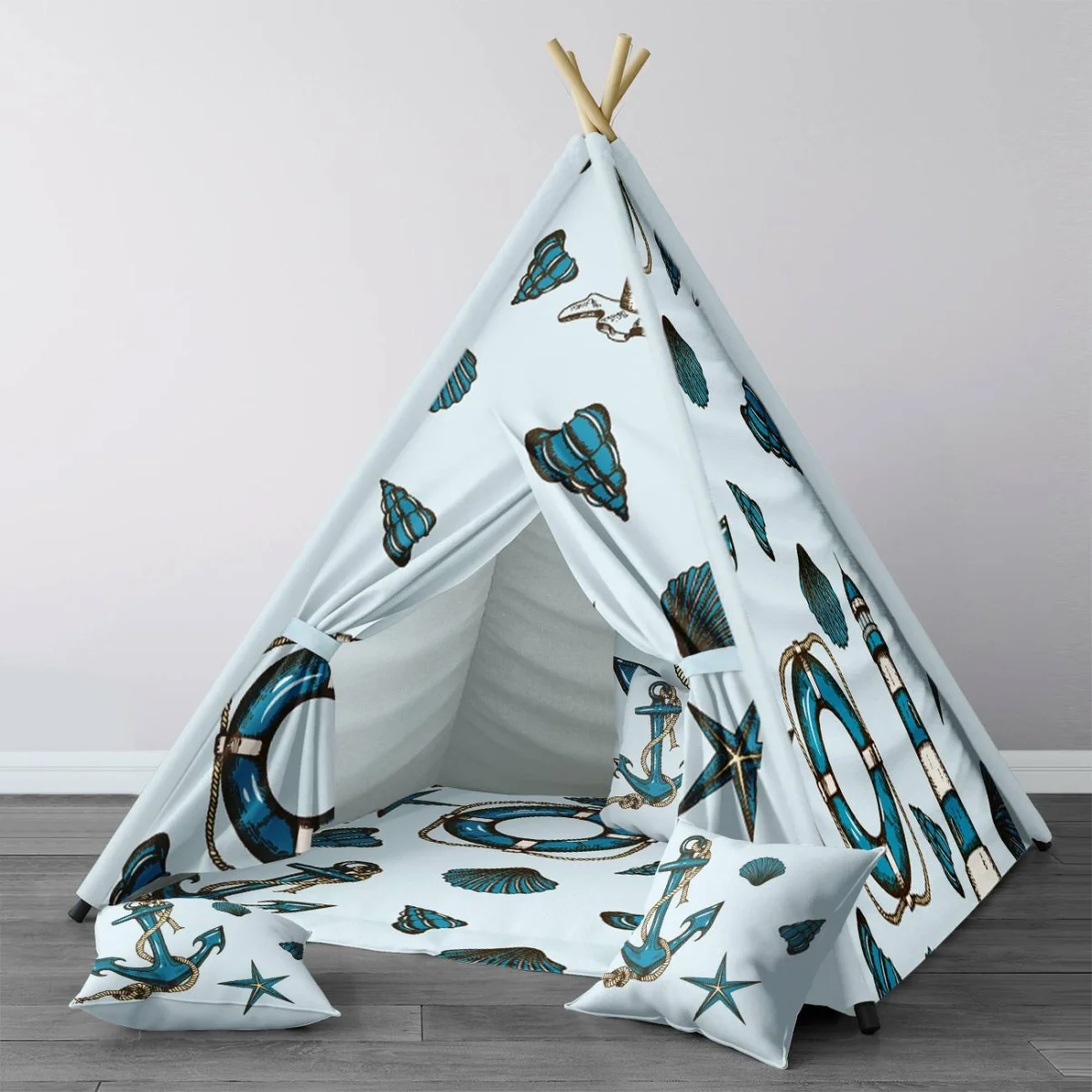 Denizcilik Çadır Evi | Mavi Çapa, can simidi Desenli