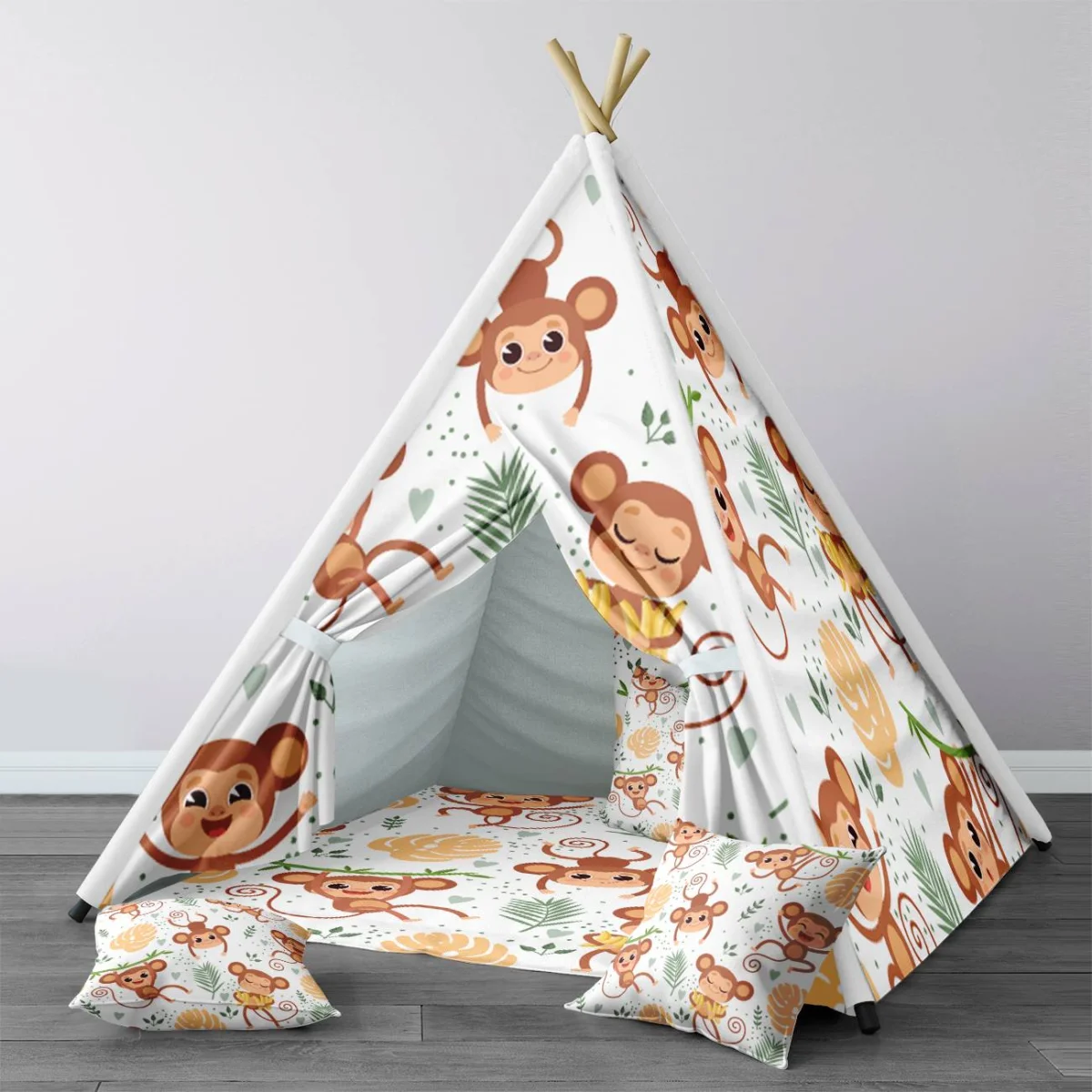 Maymunlar Çadır Evi | Beyaz tropikal yapraklar, muzlar Desenli