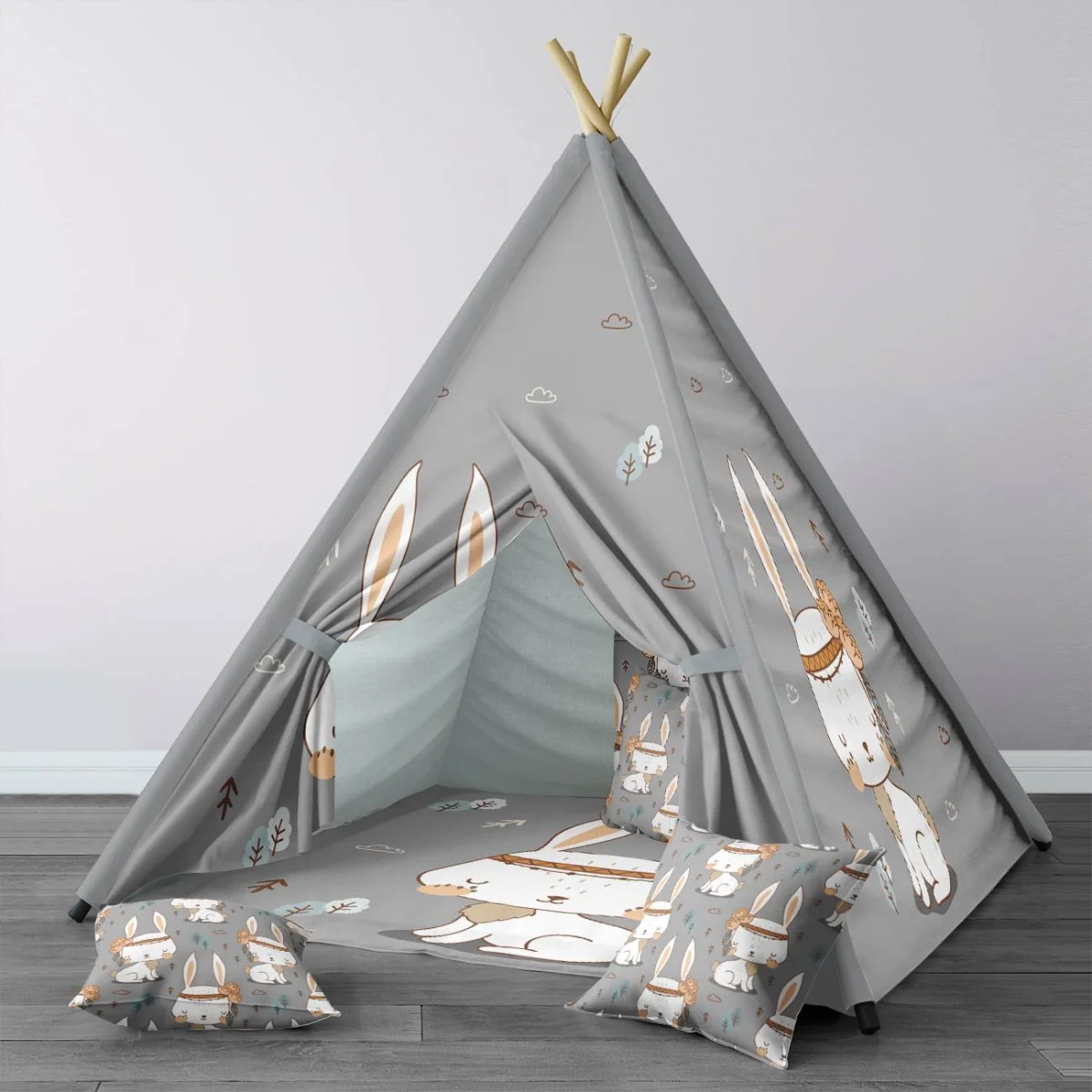 Orman Hayvanları/Tavşan Çadır Evi | Gri Oklar, ağaçlar Desenli
