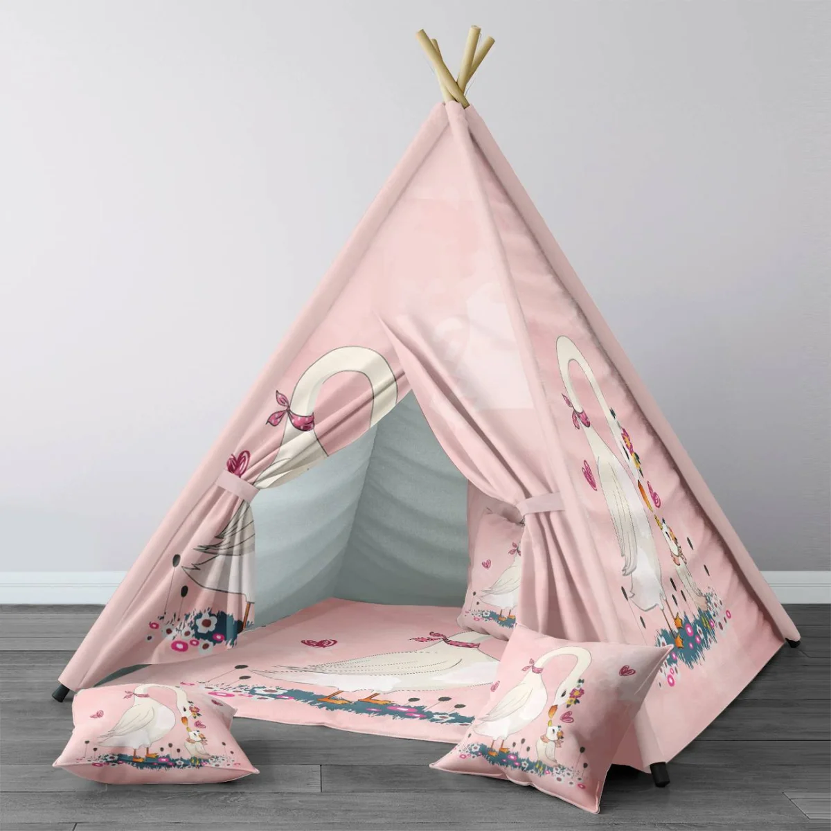 Kuğu ailesi Çadır Evi | Pembe Çiçekler, kalpler ve otlar Desenli