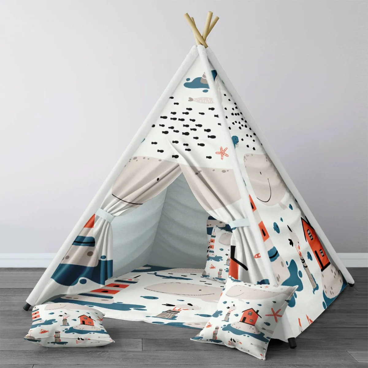 Deniz Teması Çadır Evi | Beyaz Balina, deniz feneri Desenli