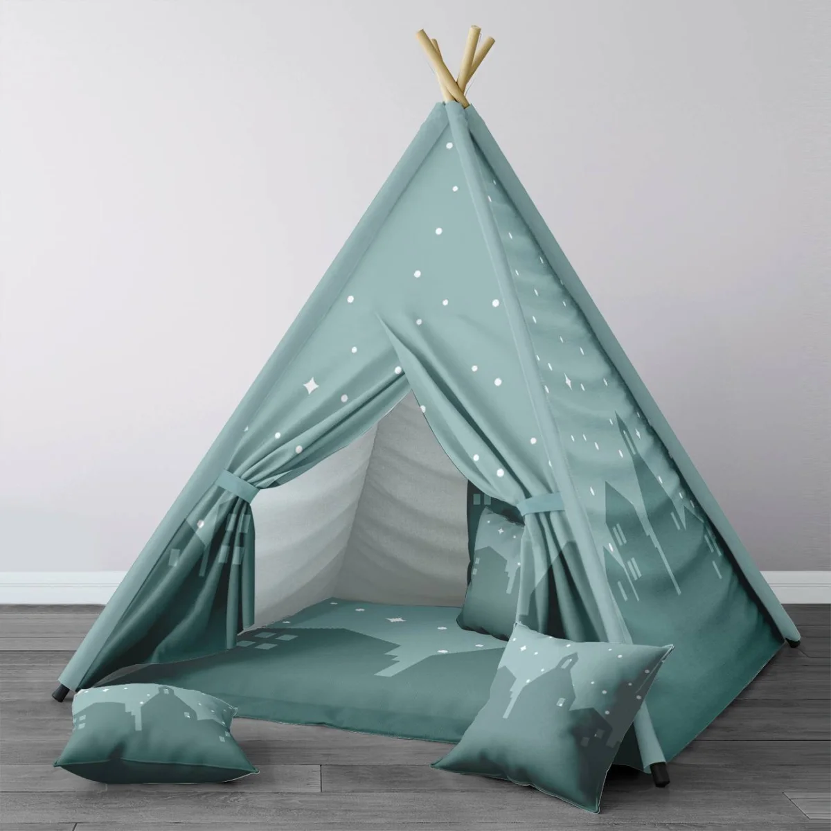 Şehir Silüeti Çadır Evi | Mavi-yeşil yıldızlar, noktalar Desenli