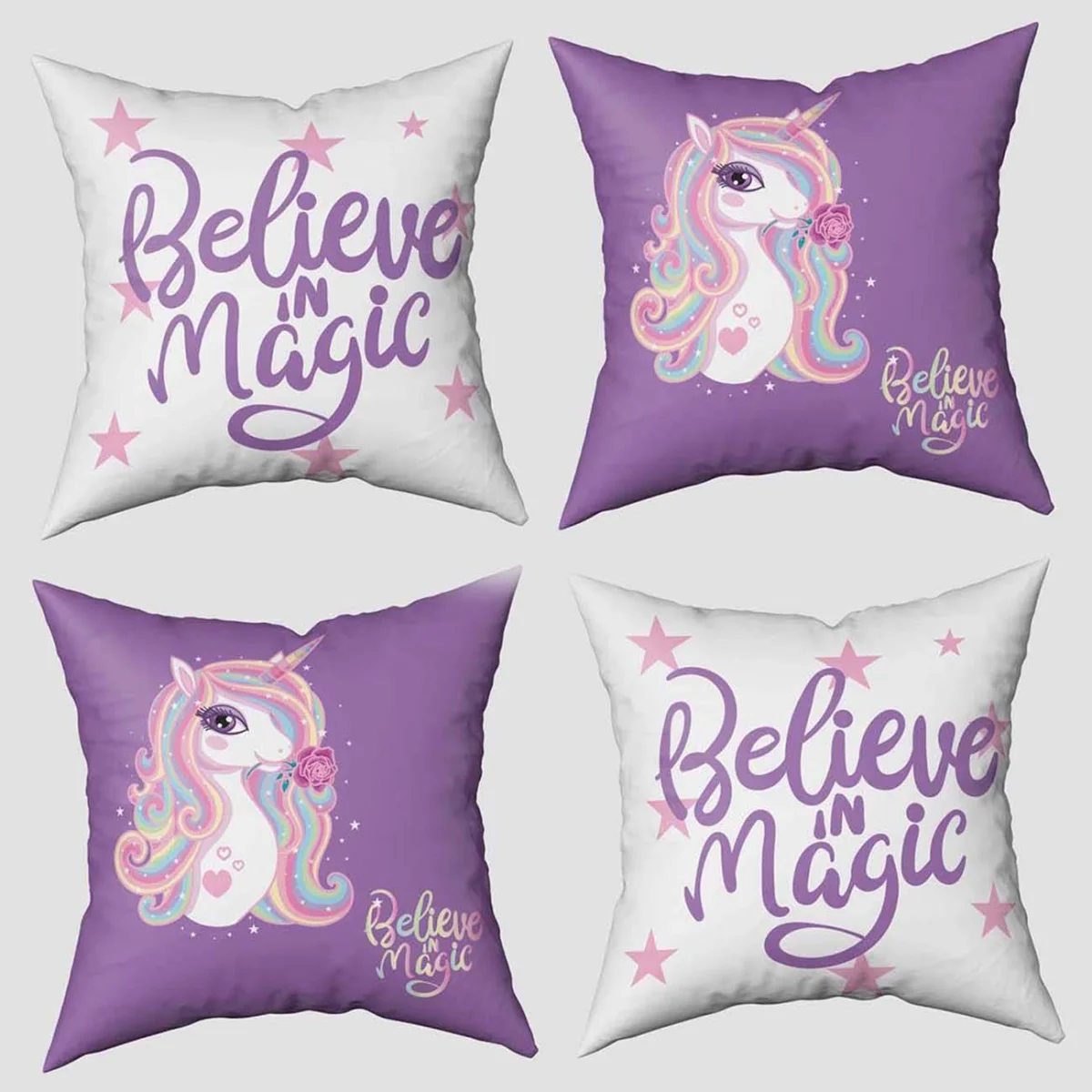 Unicorn 4lü Kırlent | Beyaz yıldızlar, gökkuşağı Desenli