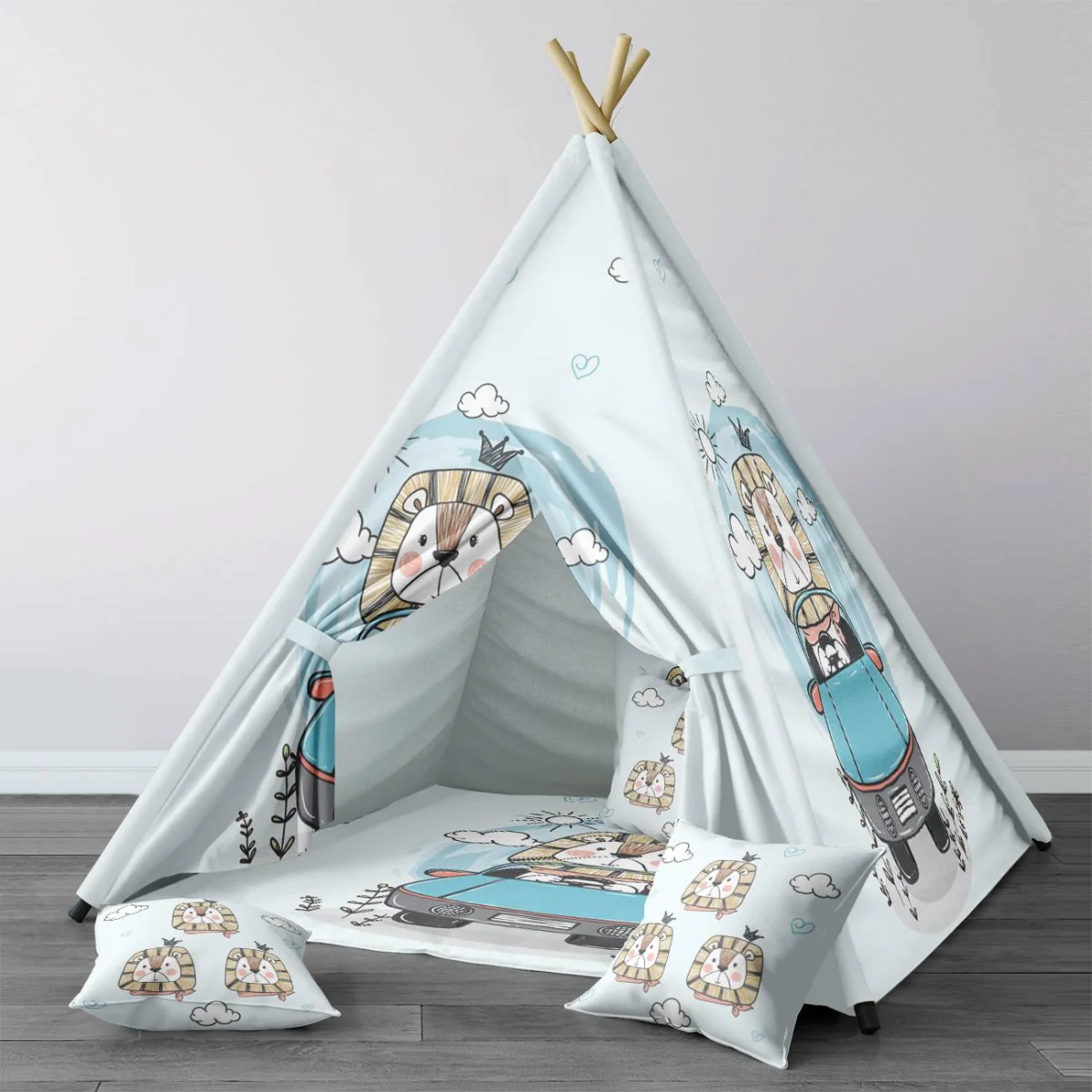 Aslan ve Araba Çadır Evi | Mavi bulut, güneş Desenli