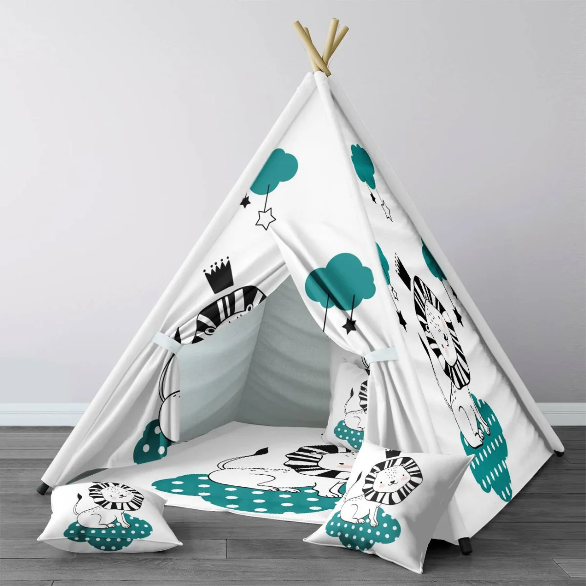 Aslan Çadır Evi | Beyaz bulutlar, yıldızlar Desenli