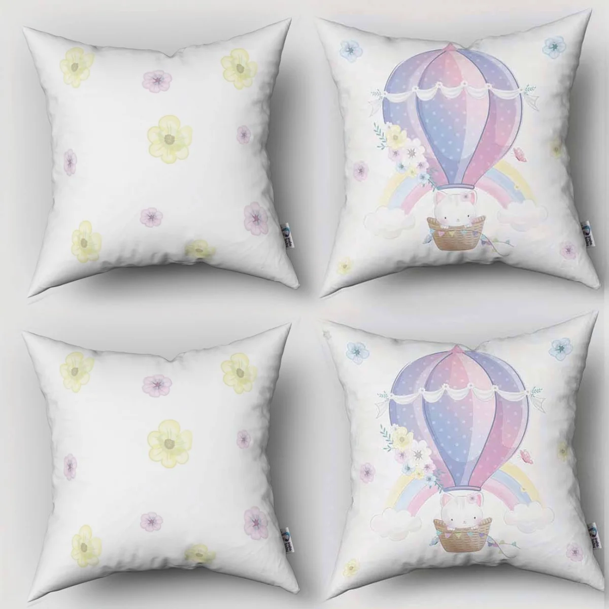 Sıcak Hava Balonu ve Kedi 4lü Kırlent | Beyaz gökkuşağı, bulutlar Desenli