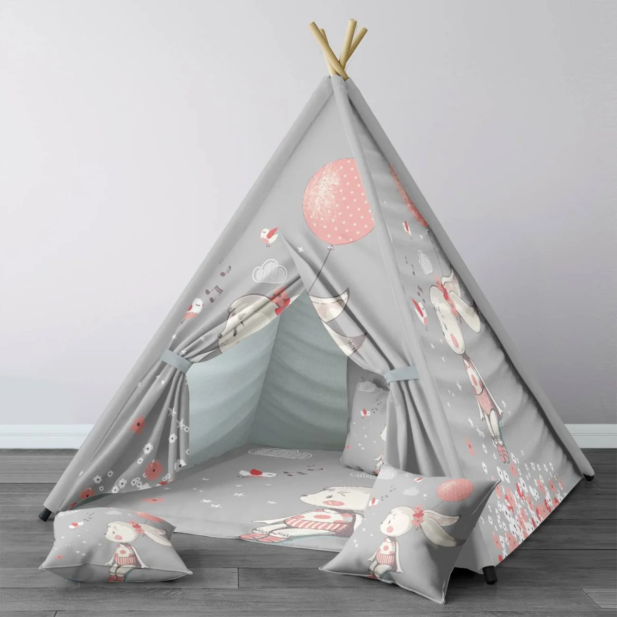 Tavşan ve Kuşlar Çadır Evi | Gri Bulut, yıldız Desenli
