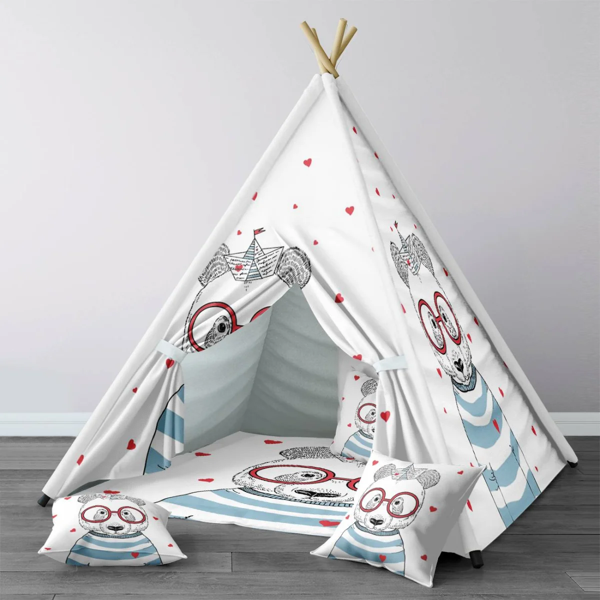 Panda Çadır Evi | Beyaz kırmızı kalpler, çizgili tişört Desenli