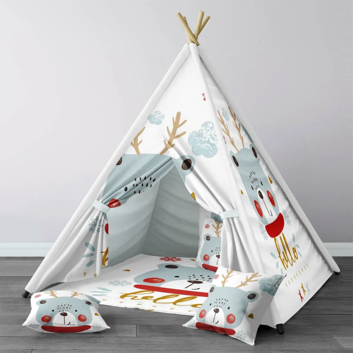 Ayı/Geyik Çadır Evi | Beyaz Kar taneleri, bulutlar Desenli