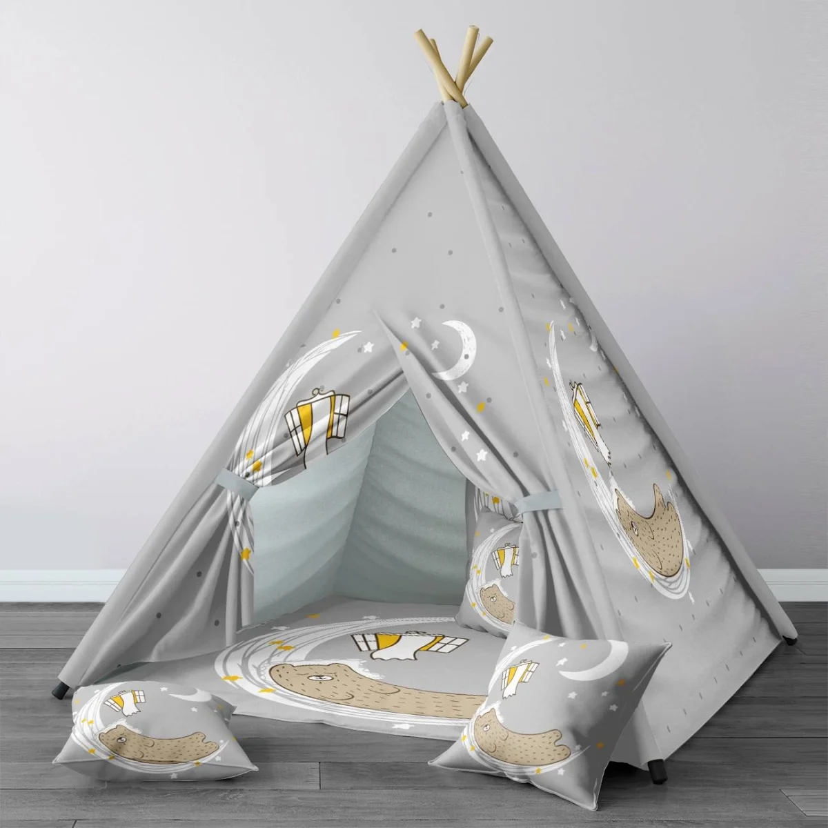 Uyuyan Ayı ve Ay Çadır Evi | Gri yıldızlar, ay Desenli