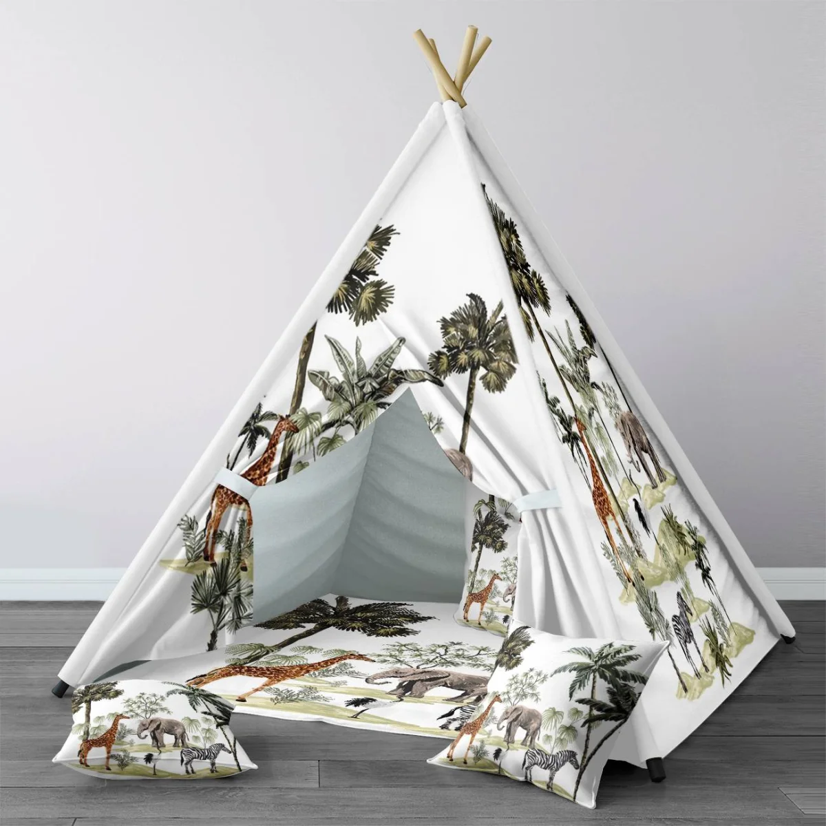 Safari Hayvanları Çadır Evi | Beyaz palmiye ağaçları, yeşil bitkiler Desenli