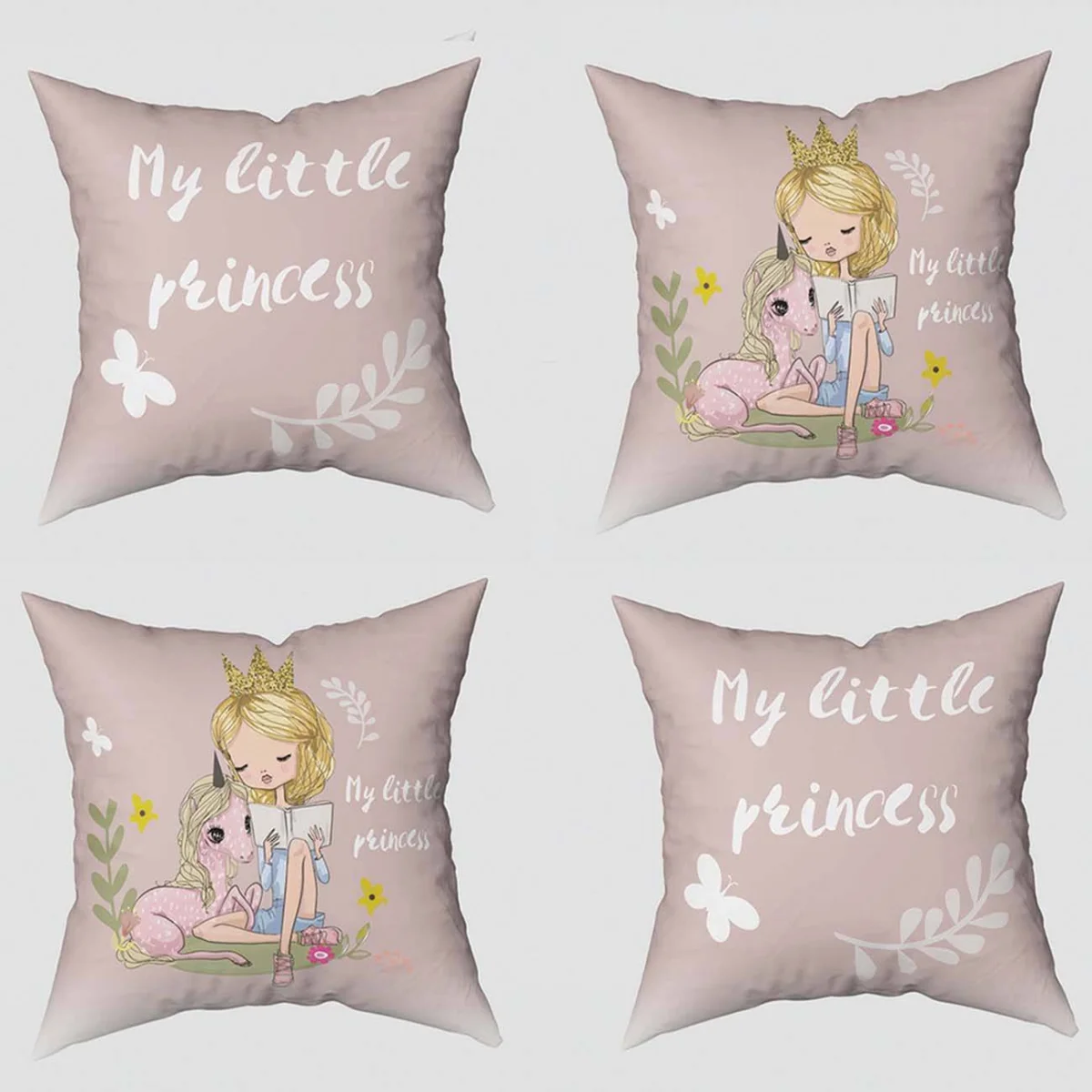 Prenses ve Unicorn 4lü Kırlent | Pembe Kelebekler, çiçekler Desenli