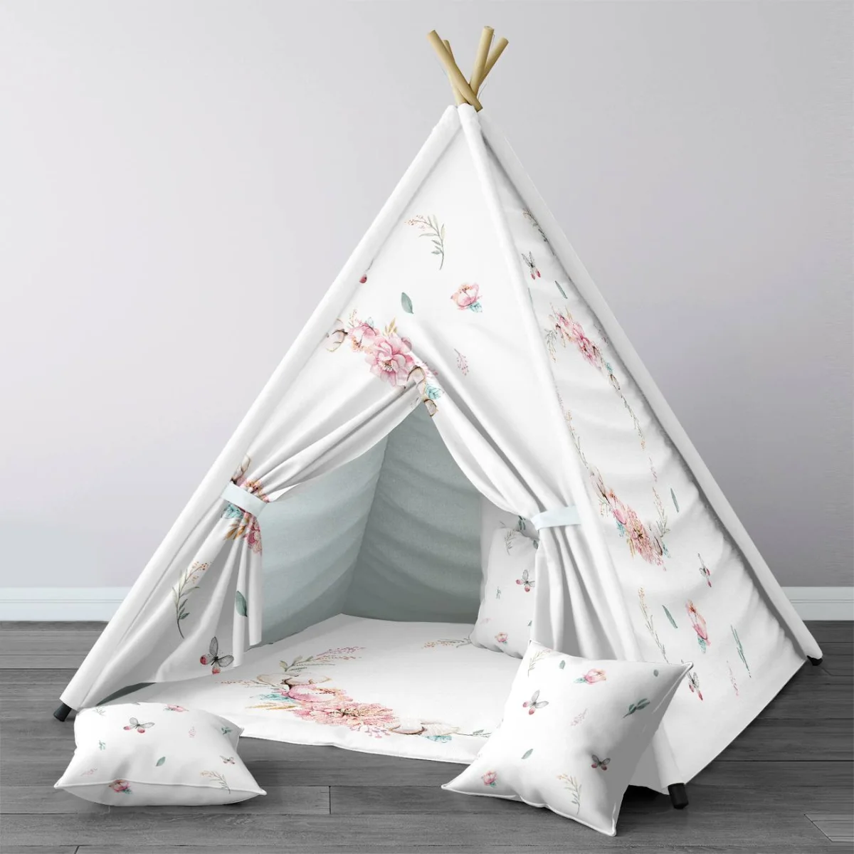 Çiçek ve kelebekler Çadır Evi | Beyaz Pembe çiçek, yaprak Desenli