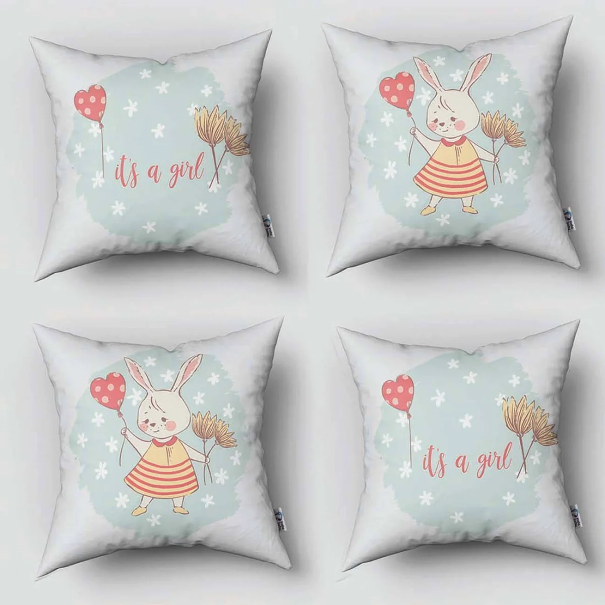 Sevimli Tavşan 4lü Kırlent | Beyaz küçük çiçekler, kalp balon Desenli